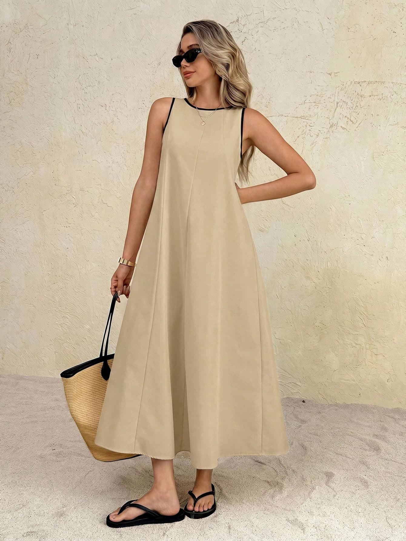 SHEIN Frenchy Women's Fashion Versatile Contrast Color Loose Dress, Suitable For Daily Wear, Summer Dresses For Women Black And Beige Minimalist Vacation