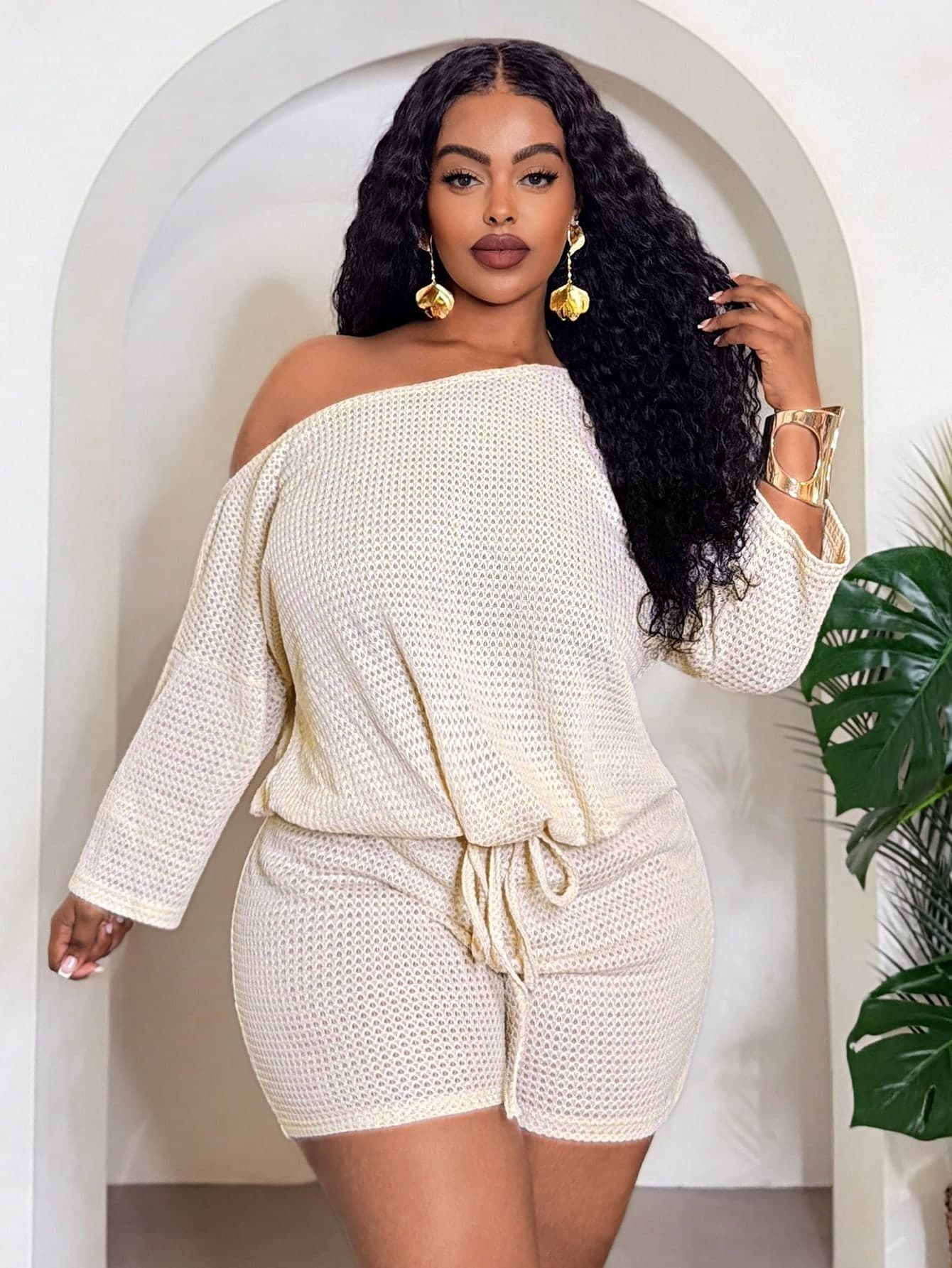 Slaydiva Women's Fashion Knitted Romper,White Summer Smart Casual Vacation Off Shoulder Short Jumpsuit With Elastic Waist,Elegant Minimalist Cozy Sets-Beige