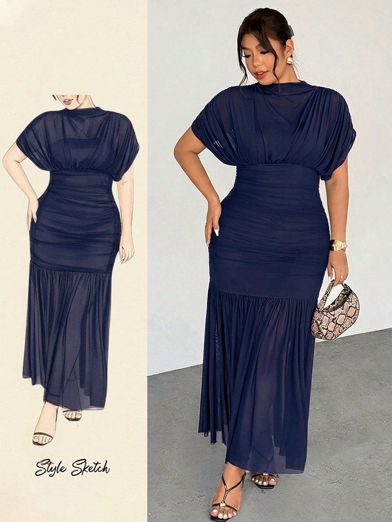 Firerie Plus Size Women's Elegant Navy Blue Autumn Wedding Guest Sheer Mesh 2 In 1 Extra Long Maxi Dress, Valentine's Day Date Party Holiday