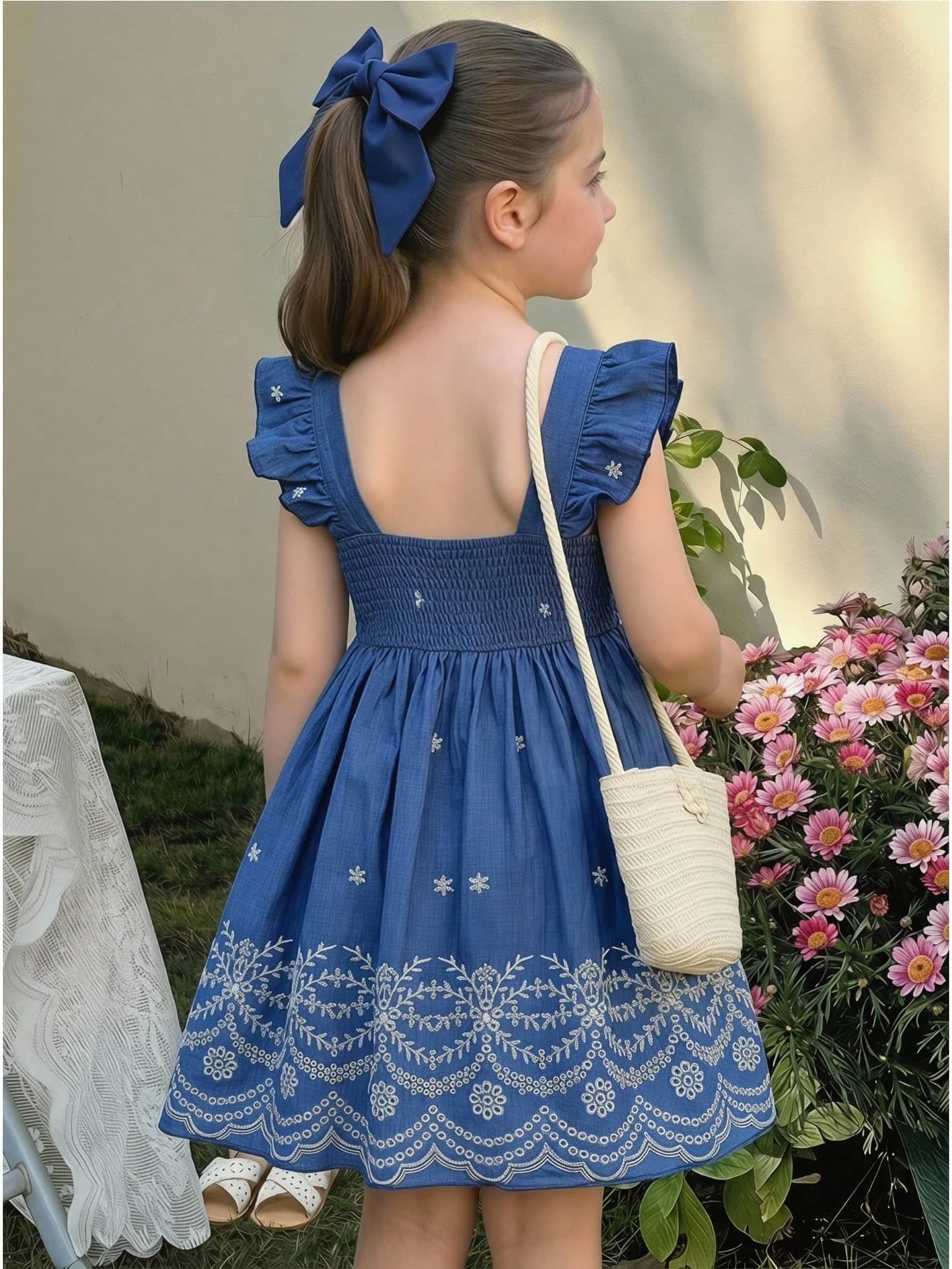 LMoss Kids Young Girl Chiffon Ditsy Floral Square Collar Ruffle Hem Casual Dress