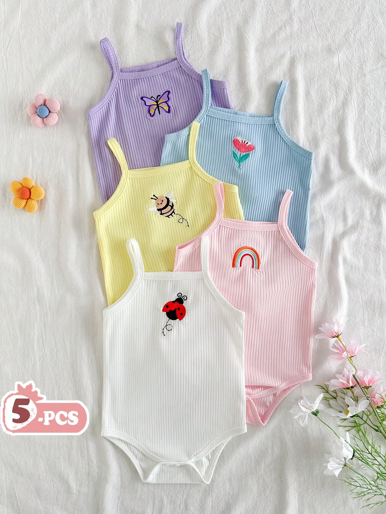 SHEIN Vintaside Kids 5pcs/Set Baby Girl Infant Toddler 0-3Y Cute Summer Multicolor Pastoral Style Delicate Embroidered Bodysuit Romper Family Matching Casual Daily Outfit