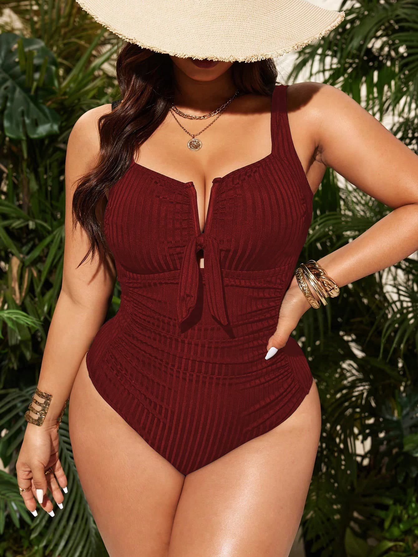 Swim Lushoire Plus Size Women's V-Neck Ruched Waist Slimming One-Piece Swimsuit, Suitable For Beach And Pool
