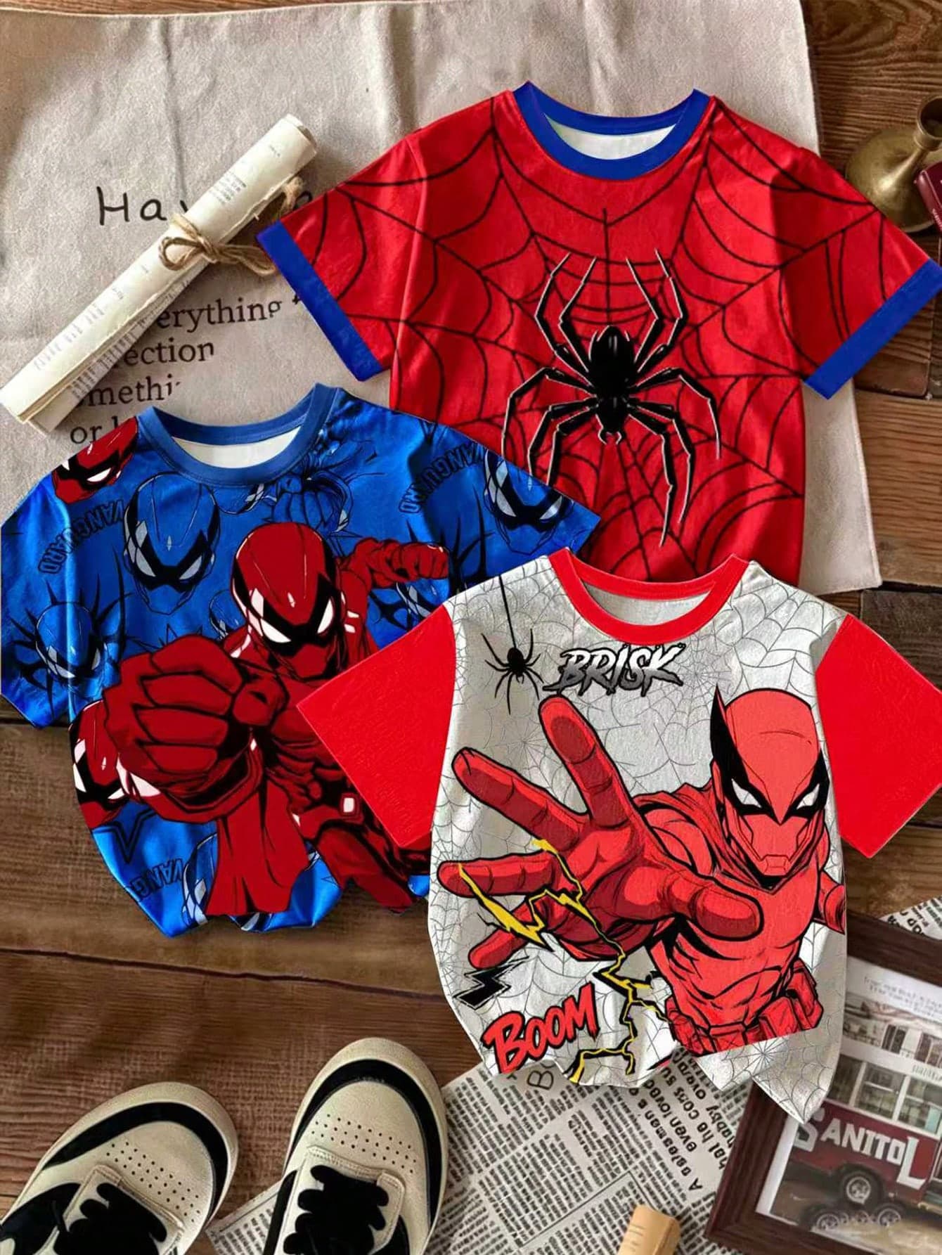 SHEIN Genkimix Kids 3pcs/Set Young Boy Superhero Graphic T-Shirts,Casual Comfortable Fashionable Wear For Summer School,Back-To-School Gifts,Outdoor Picnics & Festivals