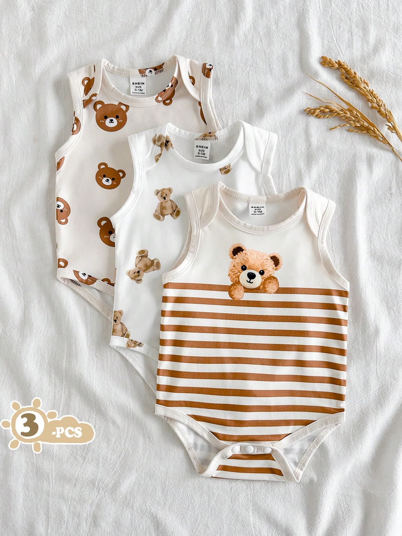 SHEIN Vintaside Kids 3pcs Baby Boys' Summer Brown Cute Bear Print Romper
