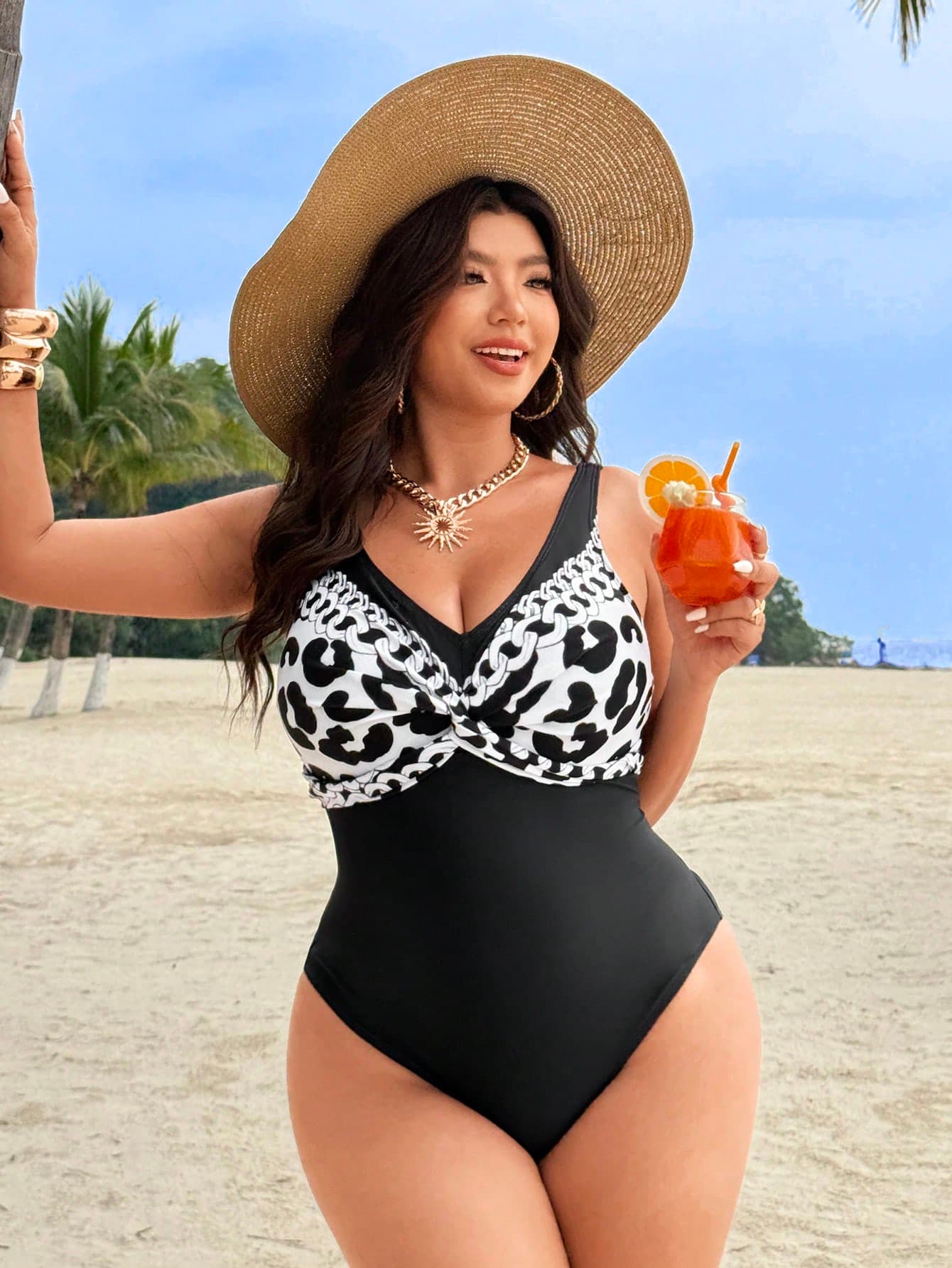 Swim Lushoire Plus Size Women Leopard Print One-Piece Swimsuit, Fashionable For Vacation Gym Summer