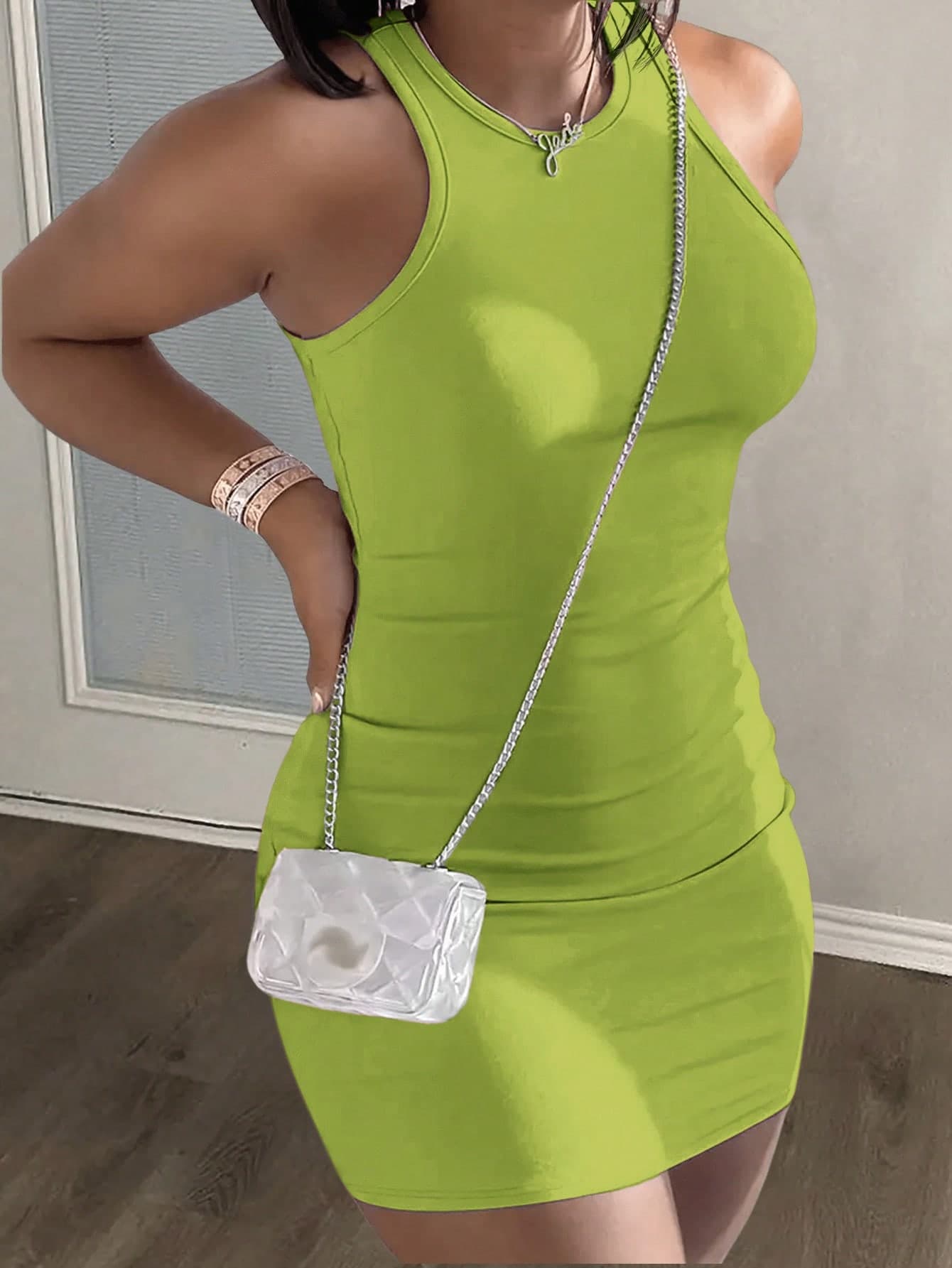 Slaydiva Minimalist Casual Basic Sleeveless Round Neck Tight Fit Lavender Mini Knit Dress - C,Dresses For Women Summer