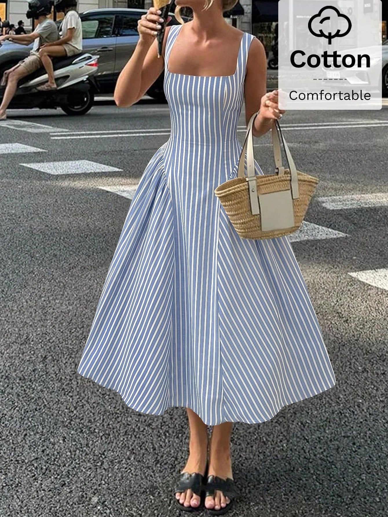 Siren Gaze Elegant Blue And White Stripe Summer Cotton Dress For Women,Square Neck Backless A-Line Maxi Dress,French Style Brunch City Break Picnic Outfits