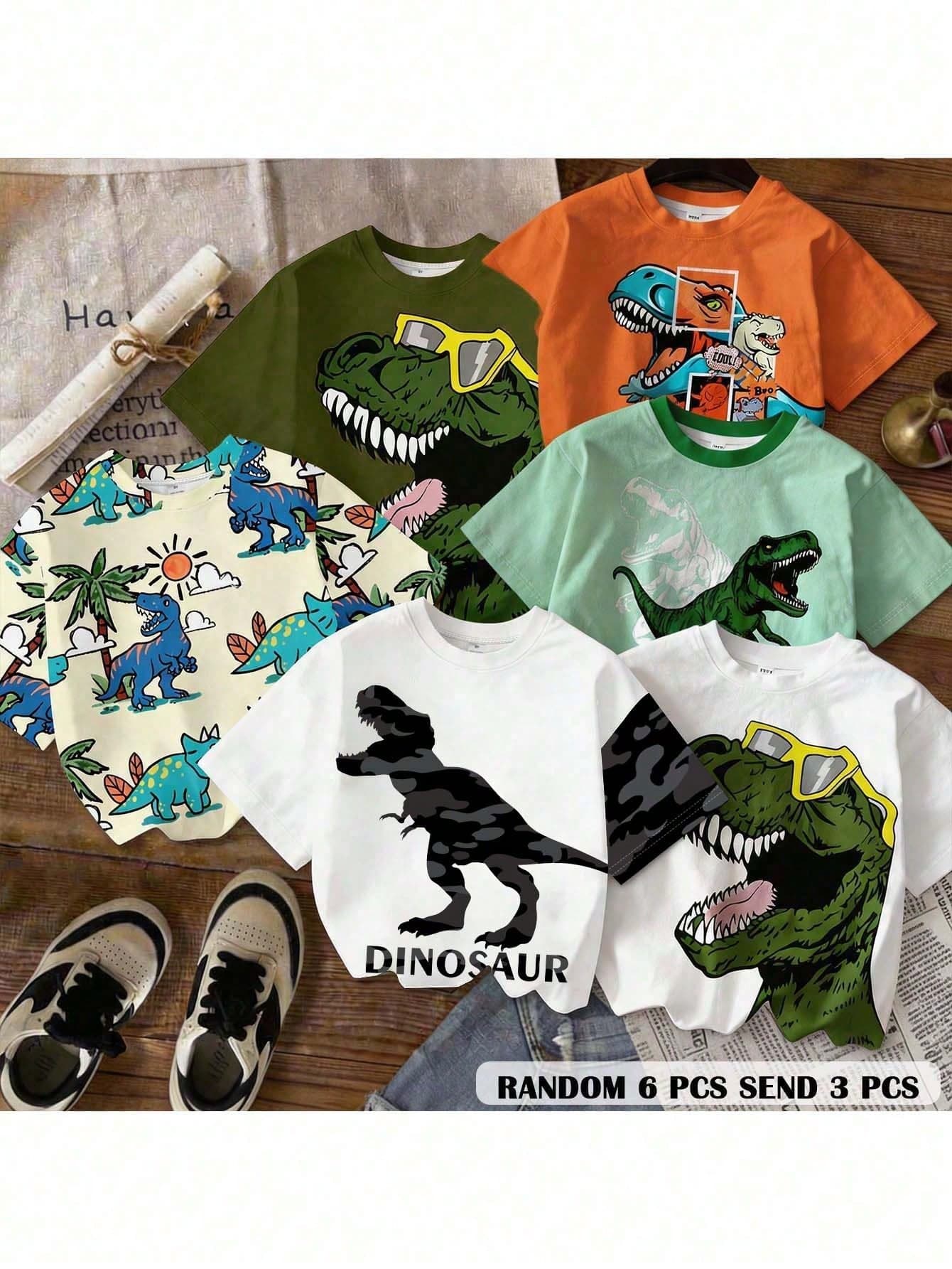 SHEIN 3pcs/Set Young Boy T-Shirt, Classic Cool Brave Dinosaur Graphic Print, Suitable For Spring & Summer