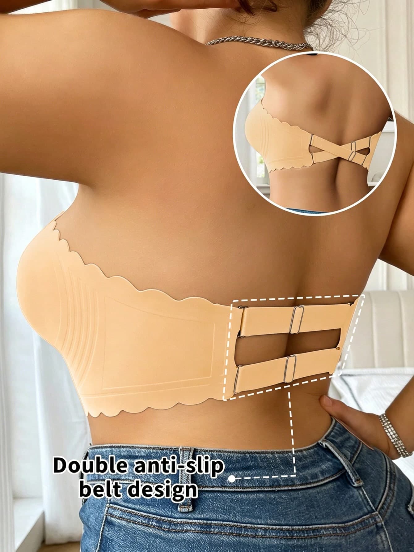 SHEIN Seamless Plus Size Strapless Bra, Wireless Supportive Lift Lace Trim Backless Sexy Bandeau Bra