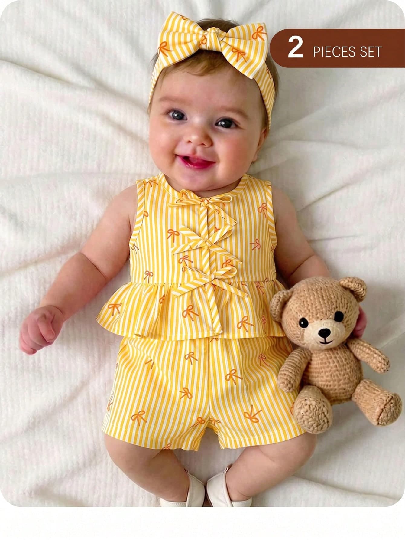 Newborn Baby Girl Vacation Casual Cute Striped Bow Decor Vest & Shorts Set