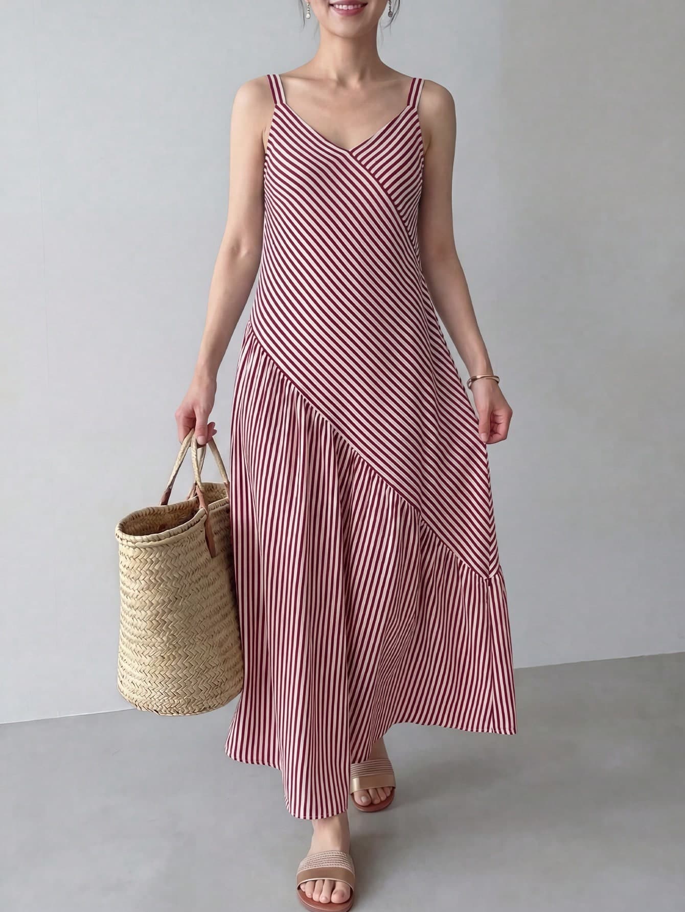 EMERY ROSE Women's Summer Casual French Holiday Style Colorblock Red And White Striped Print Loose Long Camisole Dress, Summer Dresses For Women And, Vacation