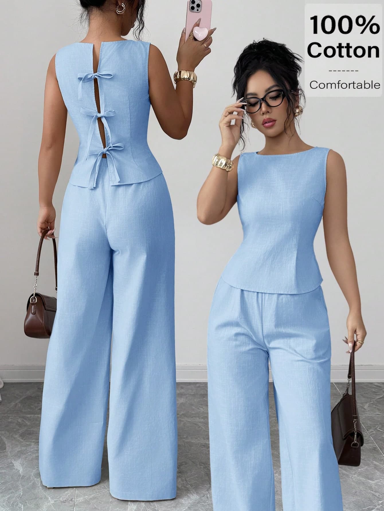 Siren Gaze 2pcs Women Minimalist Elegant Tie-Back Camisole And Casual Pants Set, Daily Wear,Vacation Outfits Women Brunch Light Blue Summer,Summer Outfits For Women