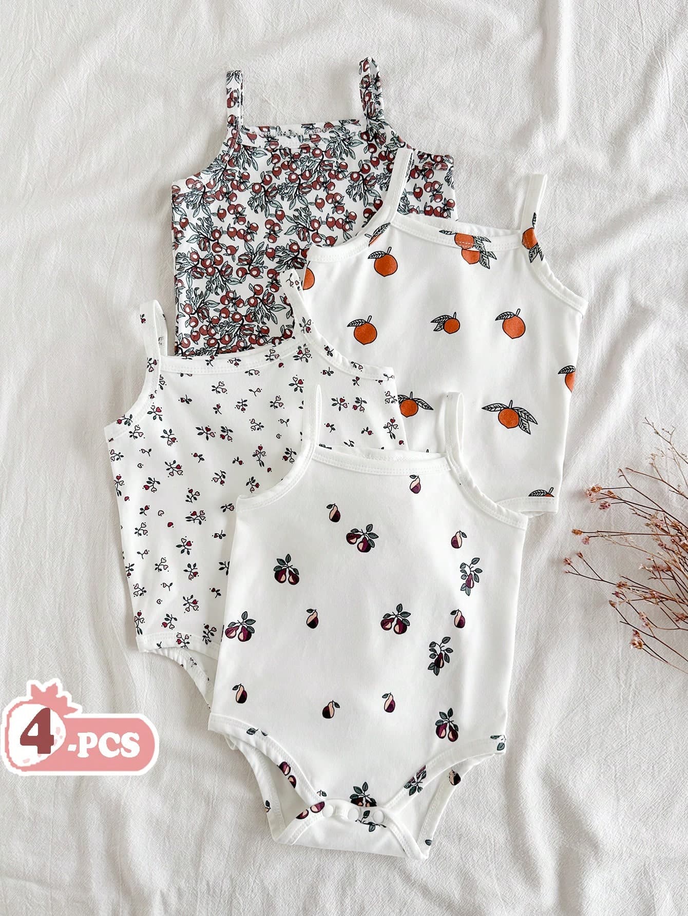 Vintaside Kids 4pcs/Set Newborn Baby Girls Ditsy Floral Rompers, Countryside Style Elegant Cute Comfortable Soft Fabric Outfits For Spring/Summer