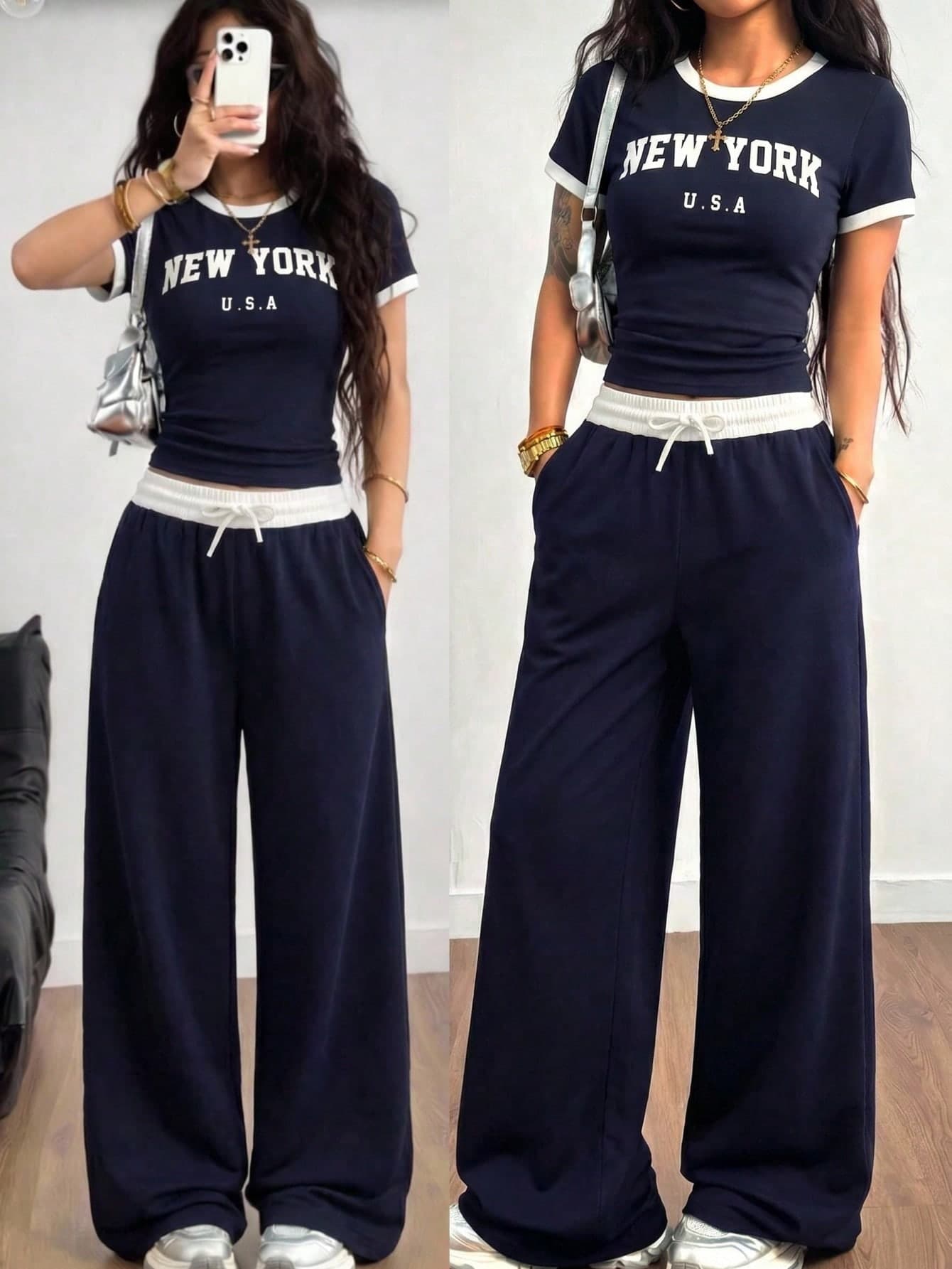 Girlism Kids Teen Girls T-Shirt Co-Ords Spring/Summer Fashion Ribbed Blue & White Contrast Color Casual New York Slogan Print Fitted Basic T-Shirt & Contrast Waistband Loose Pocket Pants Set, Teenage Casual Sports Street Chic. School Sports, Back To School, Football Sports, Outdoor Comfortable Set