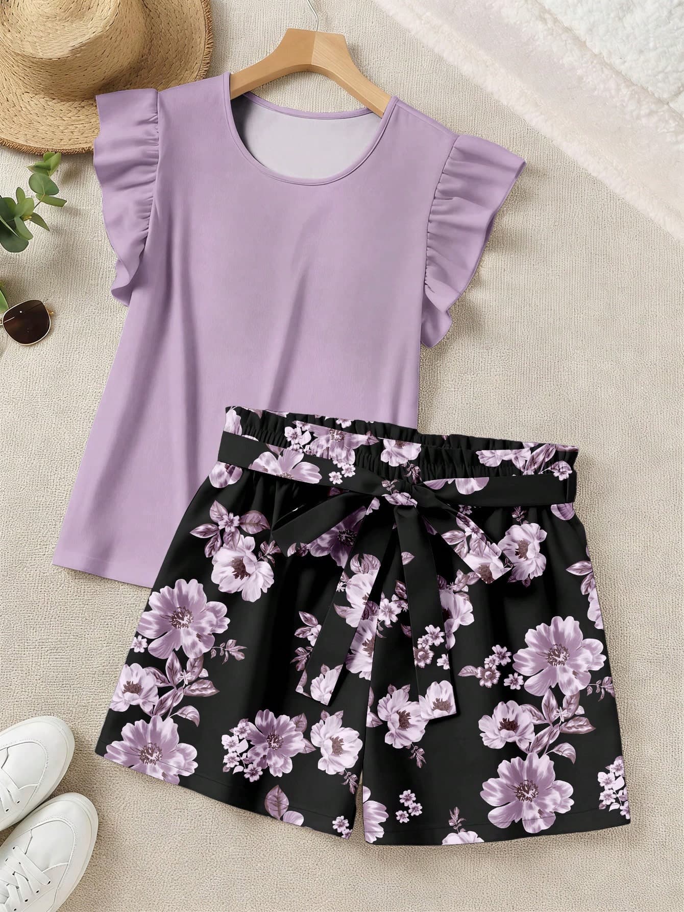 SHEIN LUNE Casual Romantic Floral Print Plus Size Women's Round Neck Short Sleeve Shorts 2-Piece Set, Suitable For Summer, Purple Outfit, Vacation