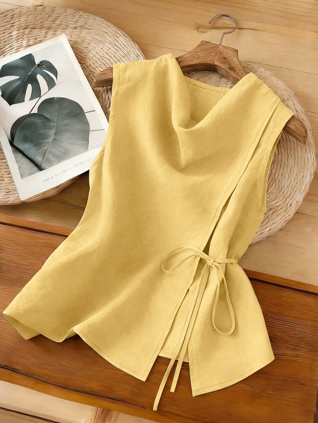 Linhara Plus Size New Lightweight Linen-Like Fabric Cinched Waist Sleeveless Top With Belt, Slimming Fit Summer