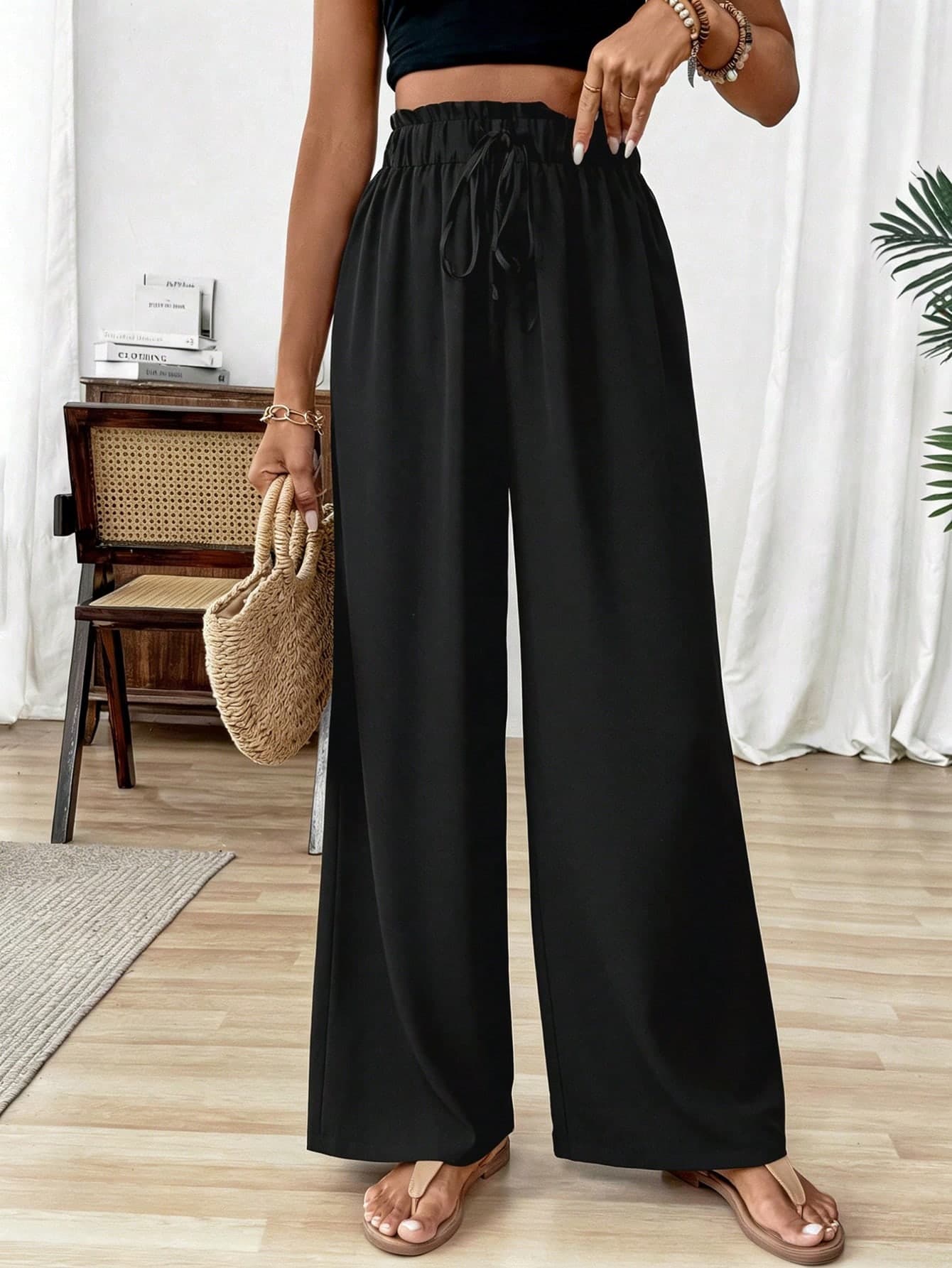 SHEIN Holidaya Casual Solid Color Wide Leg Pants