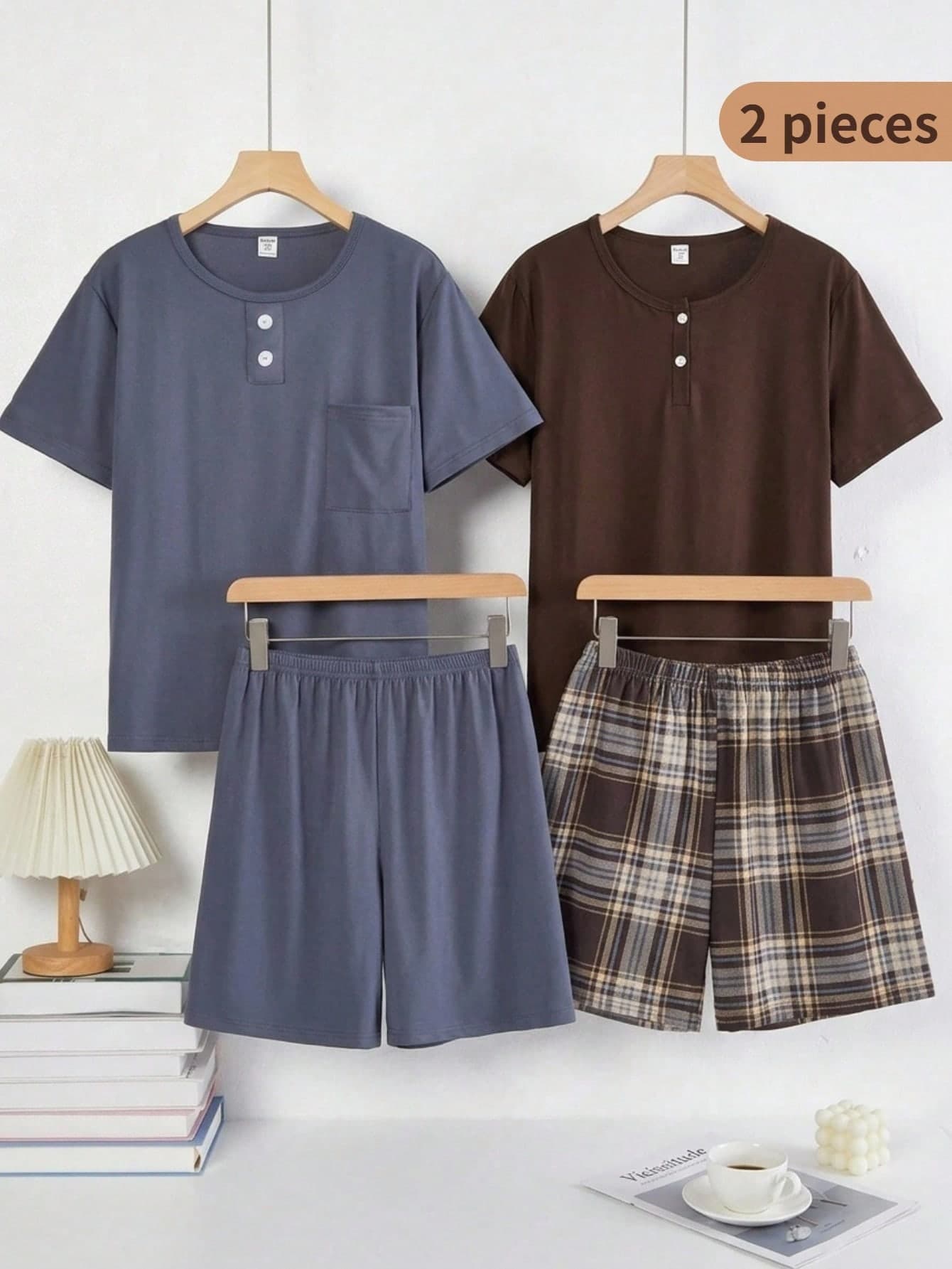 2pcs/Set Teenage Boys' Minimalist Gentleman Plaid Half-Zip Short Sleeve Top And Shorts Pajama Set
