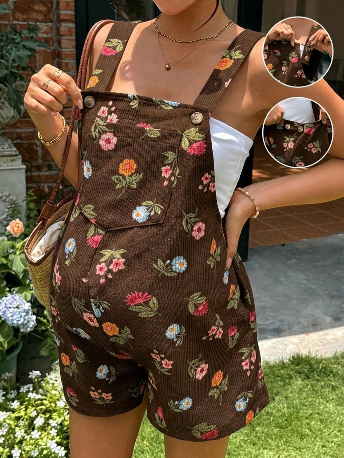 SHEIN Floral Print Maternity Sleeveless Corduroy Jumpsuit With Suspenders