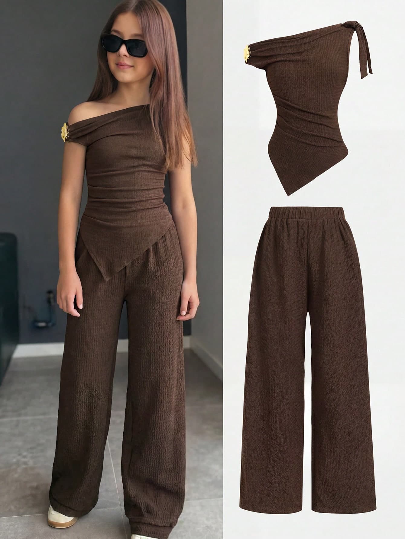 Firerie Kids Firerie Kids Tween Girl 2-Piece Casual Coffee-Colored Ruched Off-Shoulder Sleeveless Fitted Knit Top With Metal Rose Button Bow And Flare Pants Set, Suitable For Home, Outdoor, Travel, Airport, Casual Daily Wear, School Wear KIDS