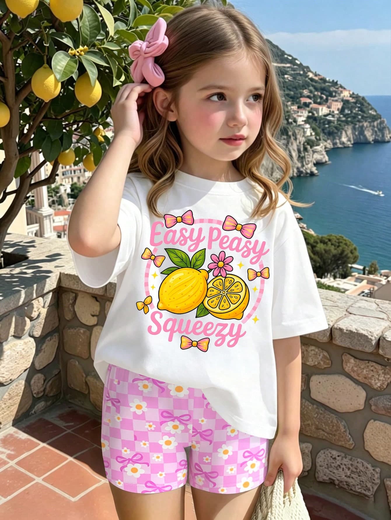 Girls Summer Fresh Fruit Lemon Leaf Floral Bow Striped Letter Graphic Print T-Shirt & Bike Shorts Set,Matching Family Vacation Holiday Sporty Outfits