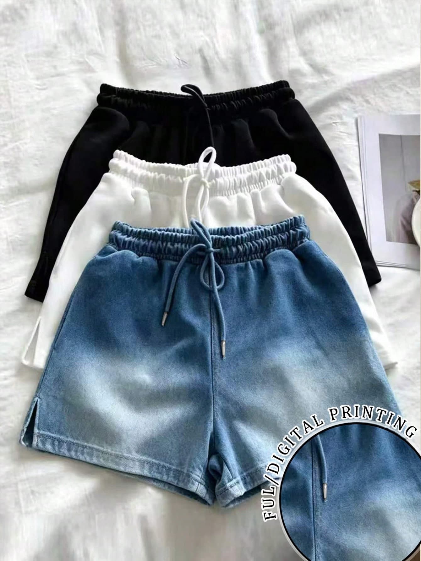 IslaSuriya 3pcs Women's Fashionable Versatile Drawstring Waist Slit Leg Shorts Set
