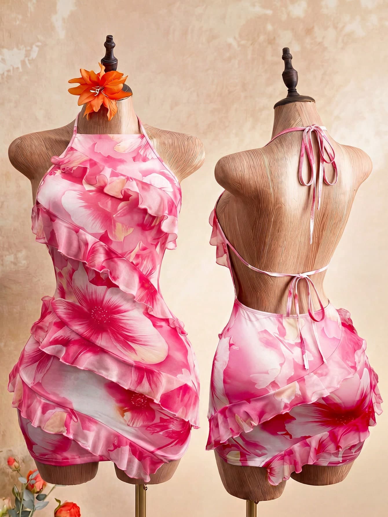 Mistrie White And Pink Summer Seductive Holiday Vacation 2026 Lady's Neckline Floral Print Halter Dress,Ruffled Border,Y2K Sweet Spicy Style,Slim Fit