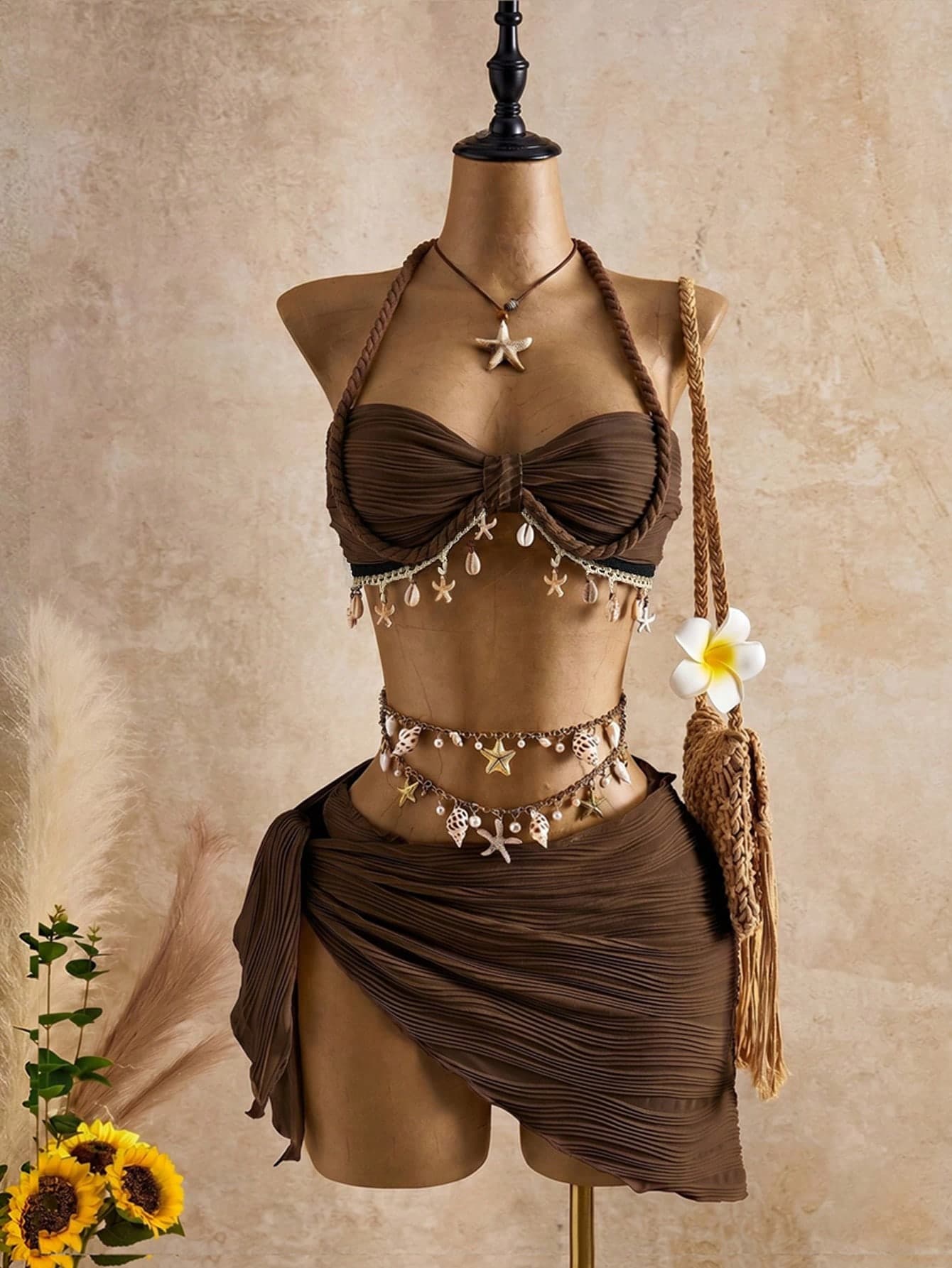 Bellisia Women's Coffee Brown Wave Pattern Seashell & Star Decor Spaghetti Strap Tankini Swimsuit,3 Pieces Summer Boho Beach Holiday Holiday Vacation Outfit