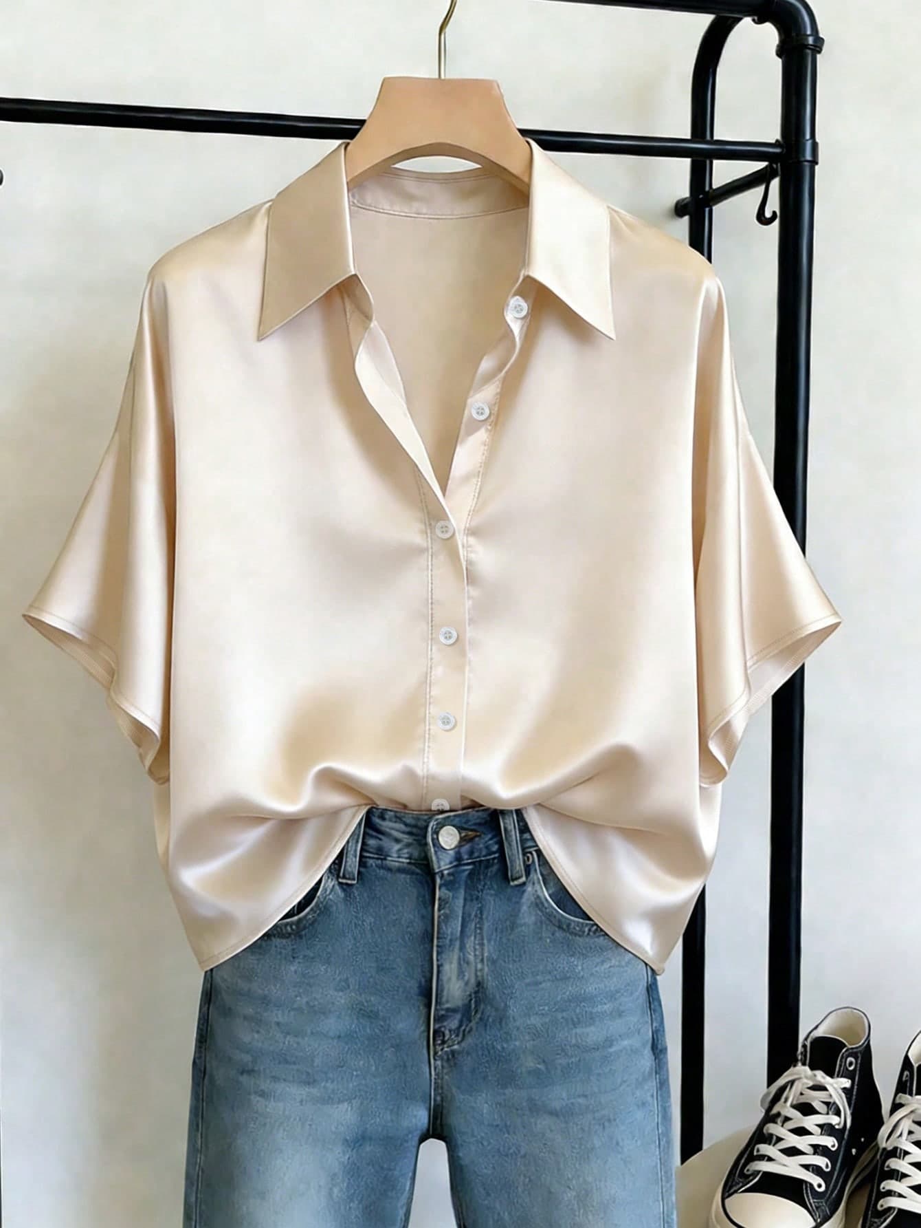 SHEIN Franclia Apricot Satin Short Sleeve Shirt For Women, Summer, High-End Draping Commuter Blouse, Loose Flattering Elegant Luxury Versatile Collared Top