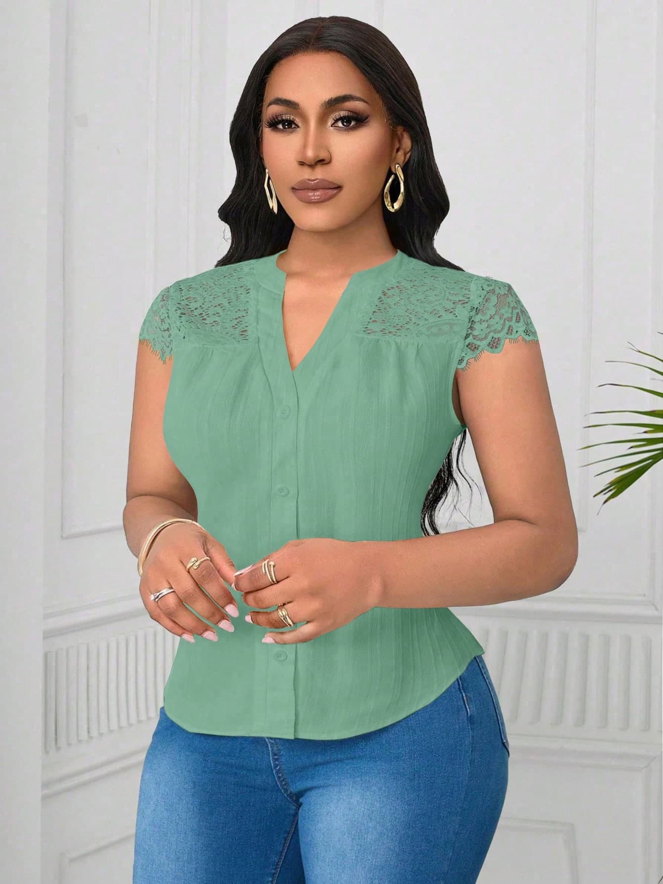 SHEIN Clasi Plus Size Contrast Lace V-Neck Textured Fabric Blouse