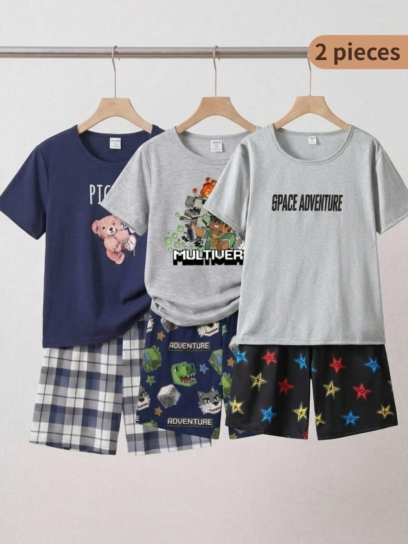 6pcs/Set Teenage Boys' Minimalist Fashion Black, Gray, Blue Letter Print Short Sleeve T-Shirt And Shorts Pajama Set