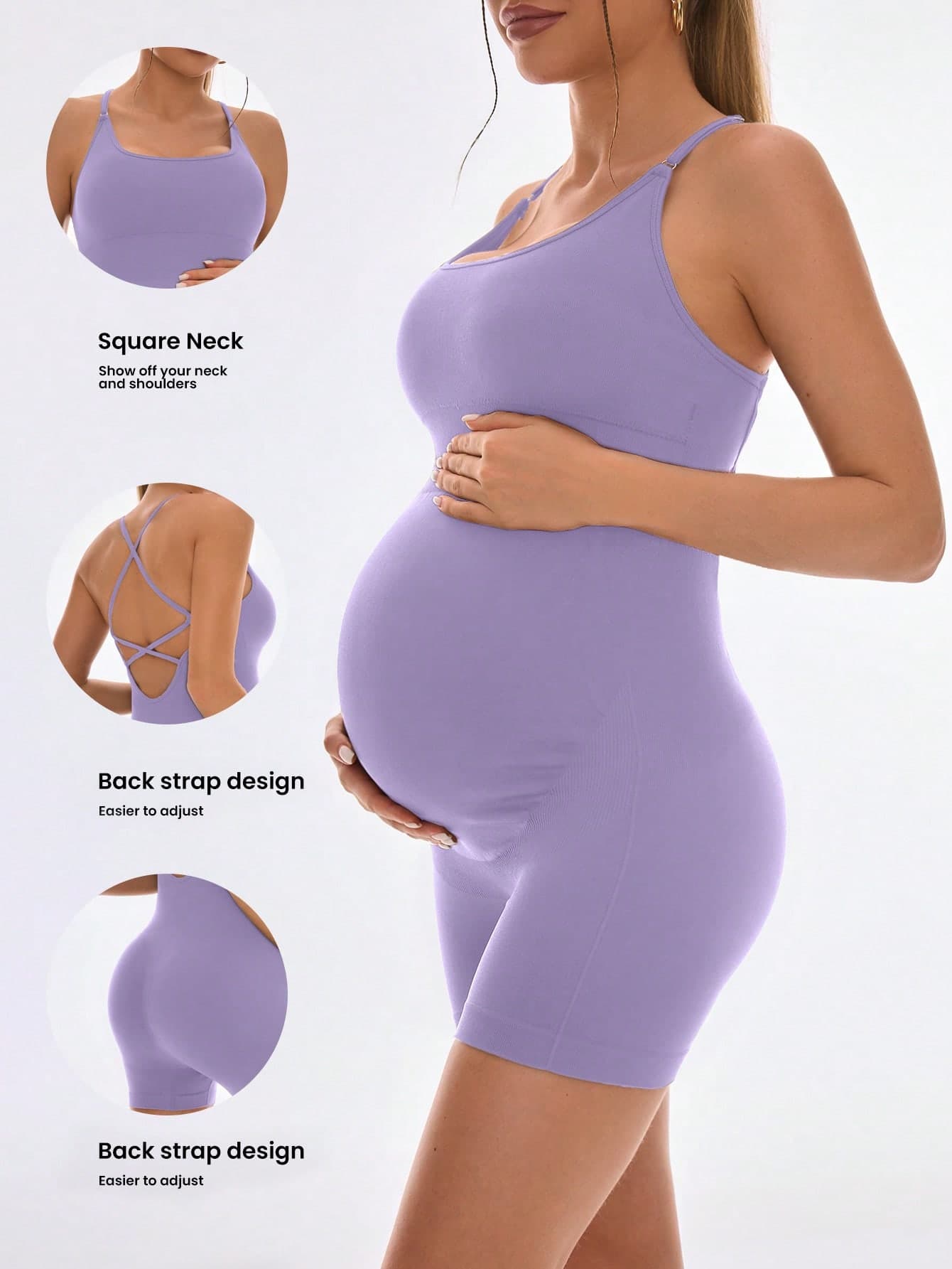 SHEIN Maternity Sleeveless Romper Maternity Clothes For Pregnant Maternity Bodysuit Maternity Shapewear Ribbed Fabric Jumpsuit Back Crisscross Design
