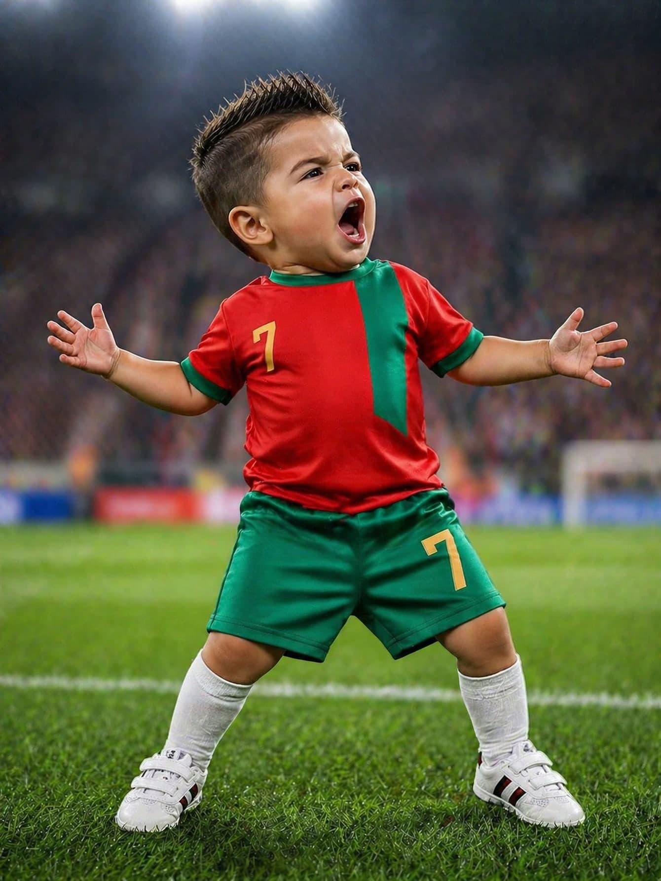 SHEIN 2pcs Baby Boy Portugal No.7 Soccer Outfit, Red Green Jersey & Shorts. Great For Sports Events, Daily Outings, School Activities Photos.