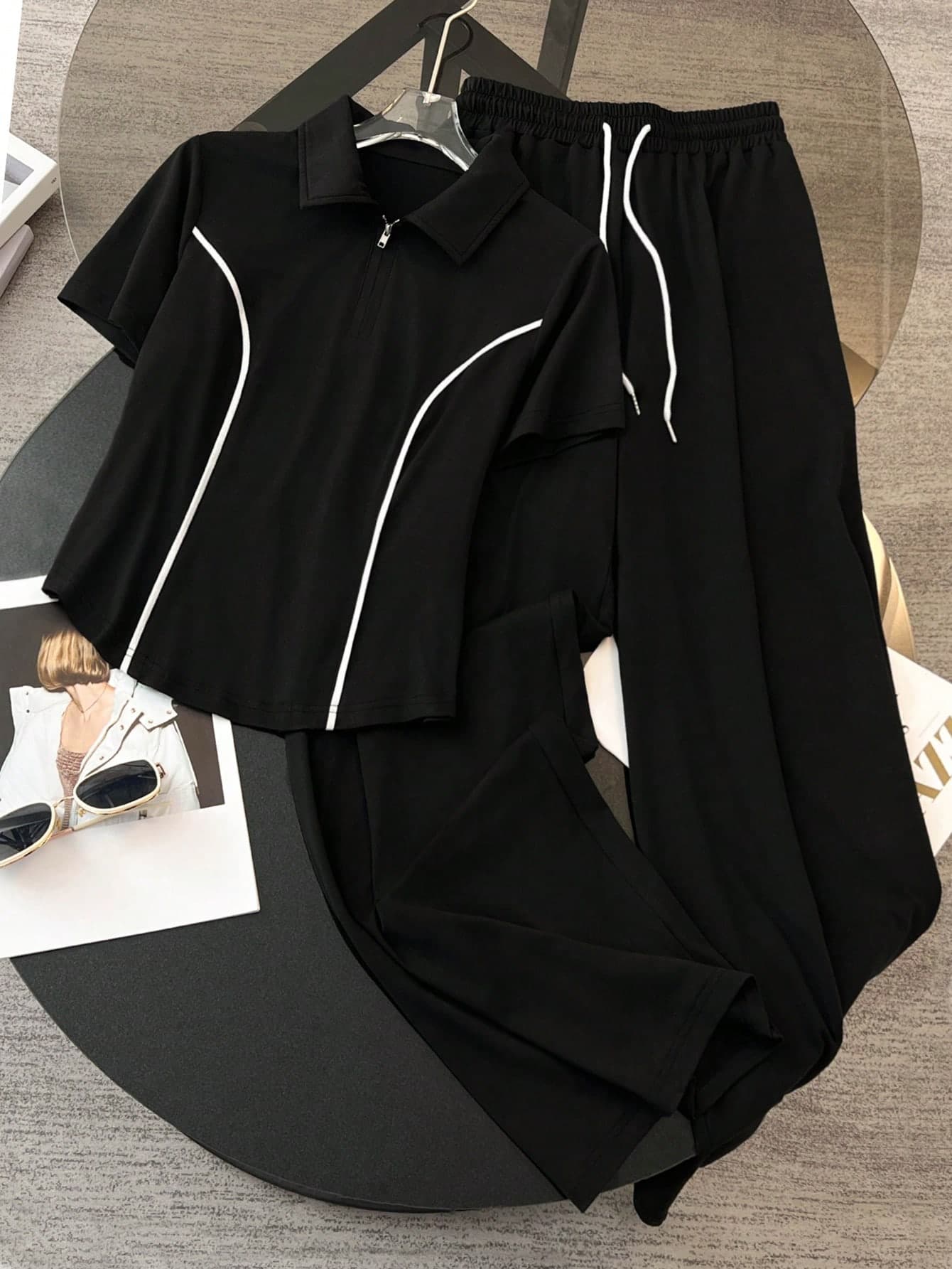 Resyla 2pcs Women Casual Collared Short Sleeve Top And Drawstring Waist Pants Set