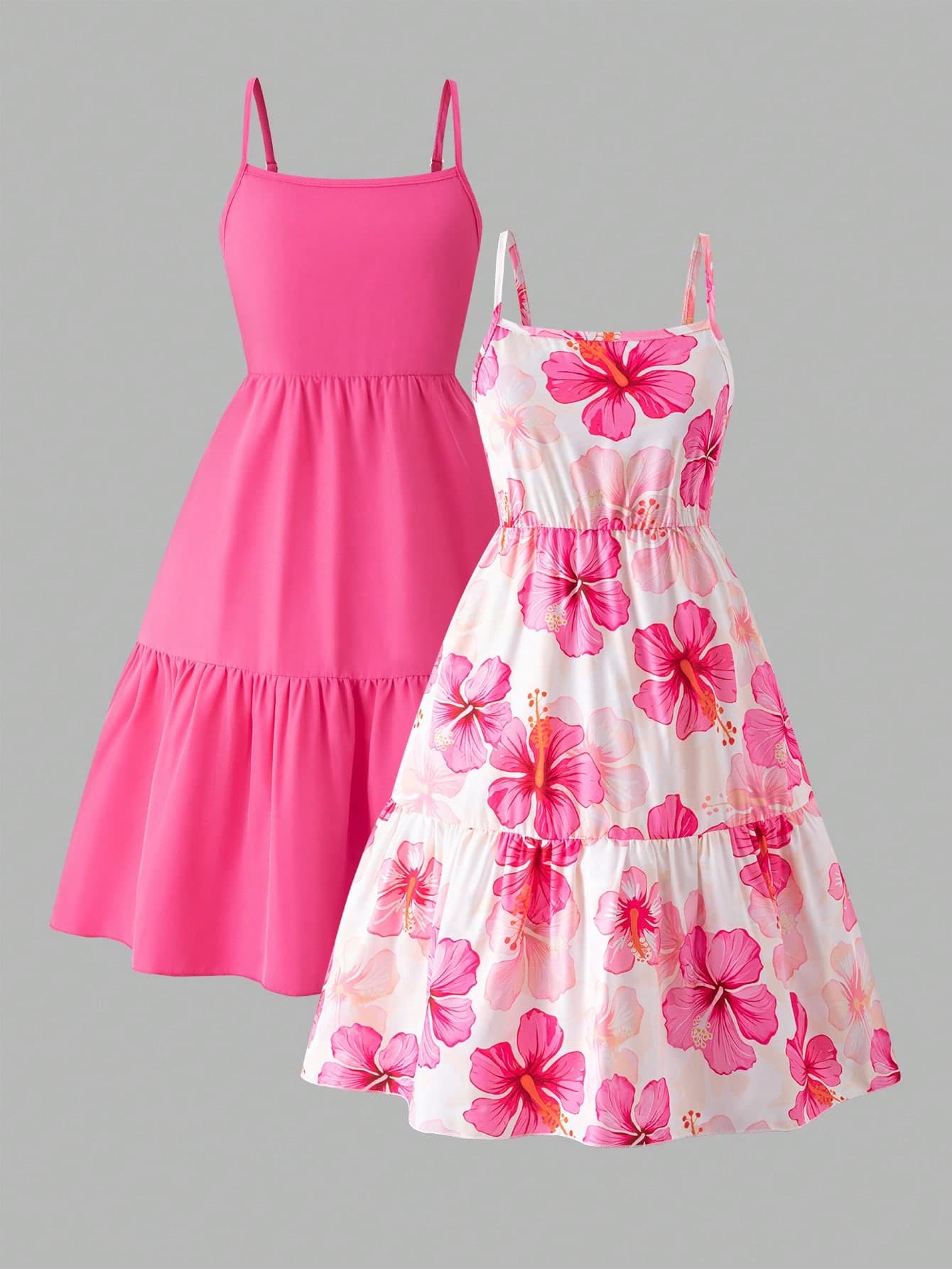 SHEIN Sparklyn Girls Hot Pink White And Pink Floral Summer Dress,Sweet Suspenders Boho Cute Tropical Vacation Holiday Essential Set,Casual Fustian Pattern Clear