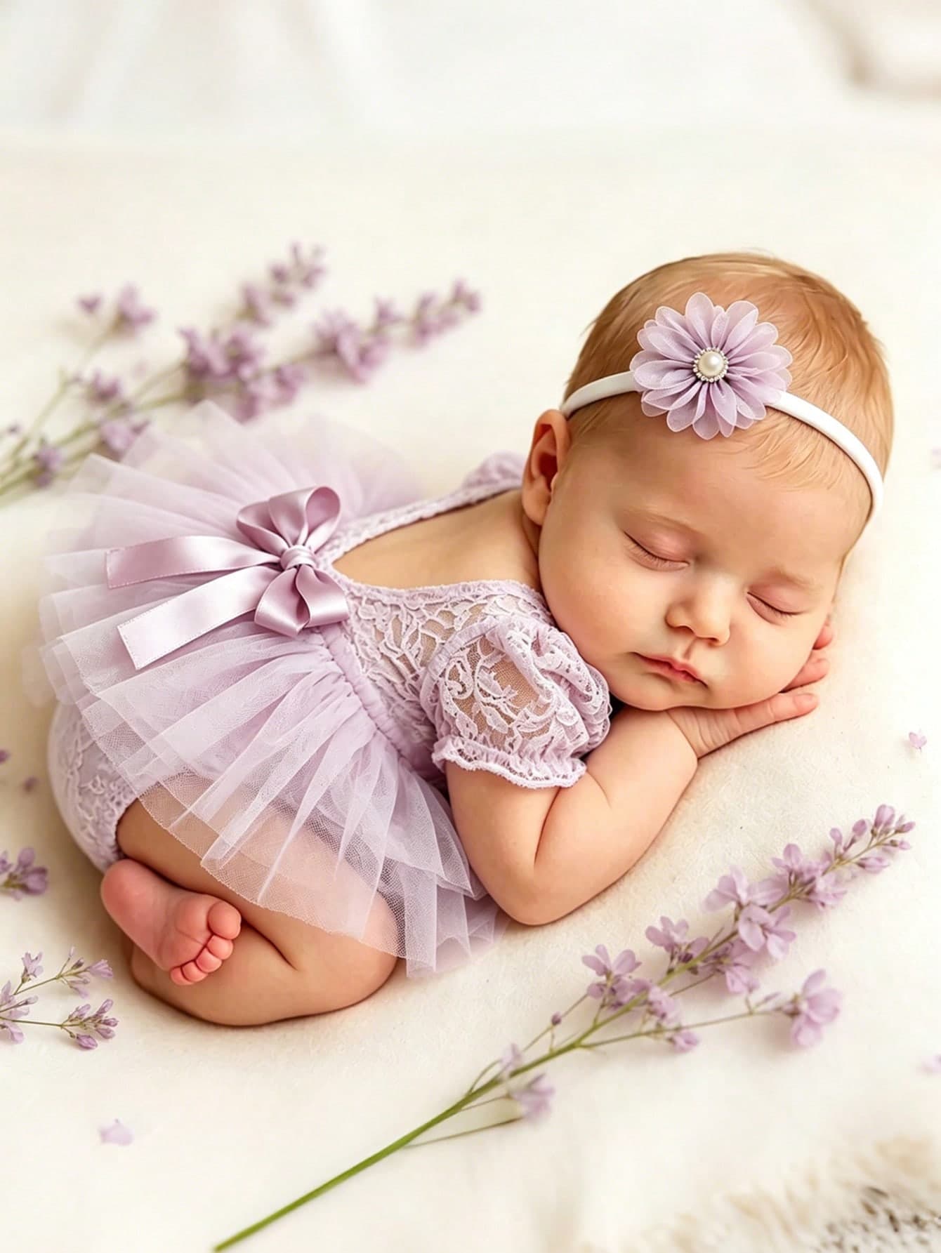SHEIN Newborn Photography Outfits Ribbon Bow Lace Romper With Headband Baby Girl Summer Mesh Dress For 0-3 Month