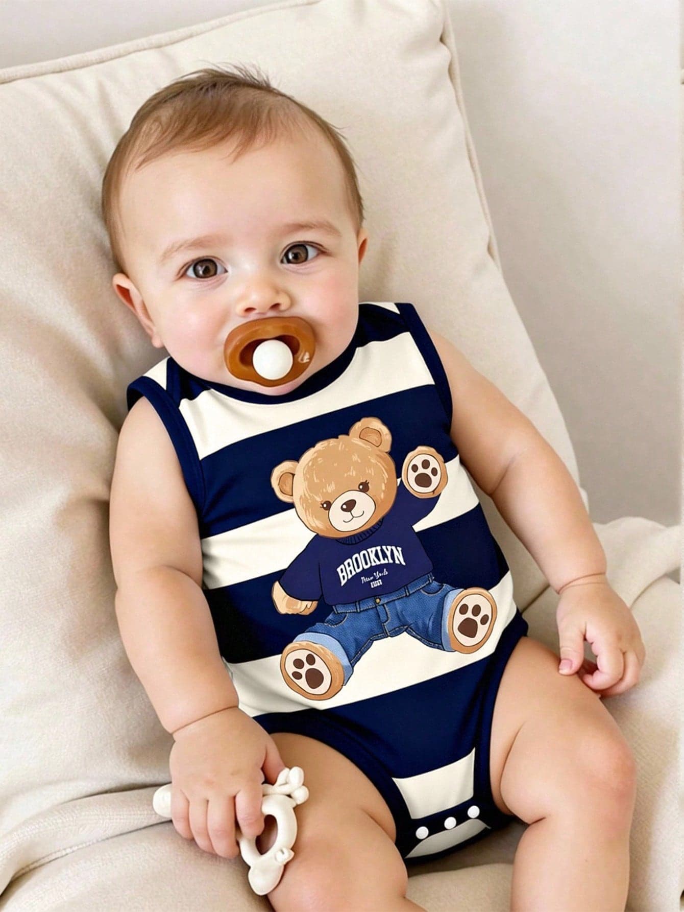 SHEIN Playful Pals Baby Boy Cute Minimalist Striped Bear Print Romper, Suitable For Daily Wear And Summer Outings