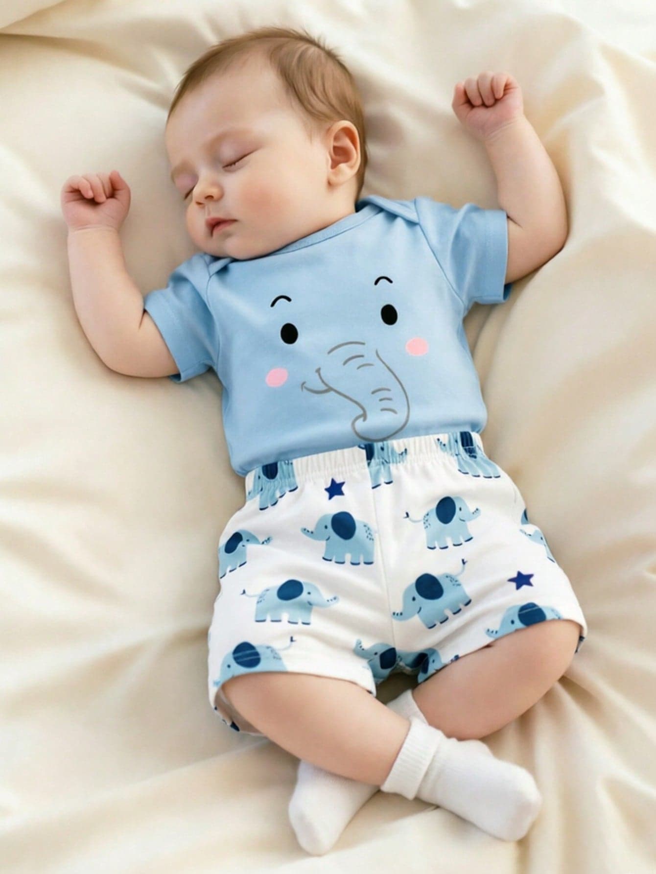 SHEIN 2pcs Newborn Short Sleeve Outfit Blue And White Striped Summer Casual Cute Family Matching Romper Shorts Elephant Print Soft Comfortable Clothes