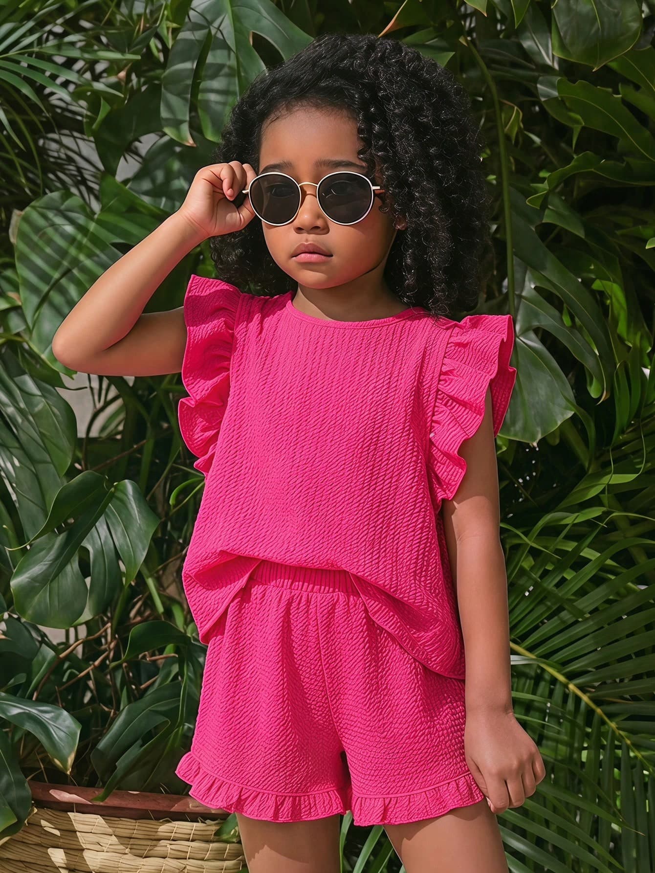 SHEIN 2pcs/Set Young Girl Pink Textured Round Neck T-Shirt And Shorts