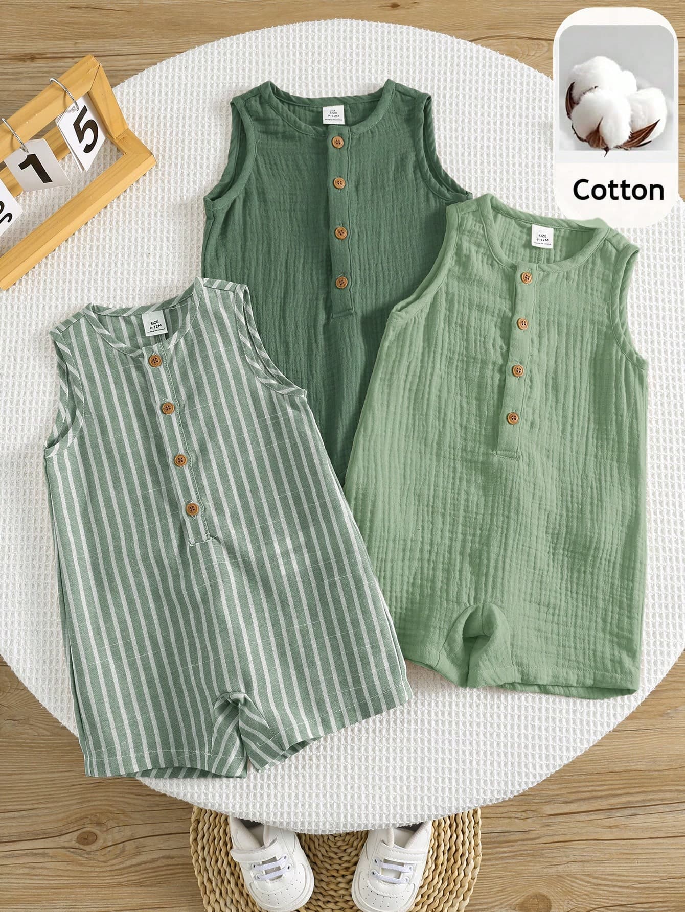 SHEIN 3pcs Newborn Baby Unisex Casual Striped Sleeveless Romper & Bib Shorts Set, Suitable For Outing And Vacation