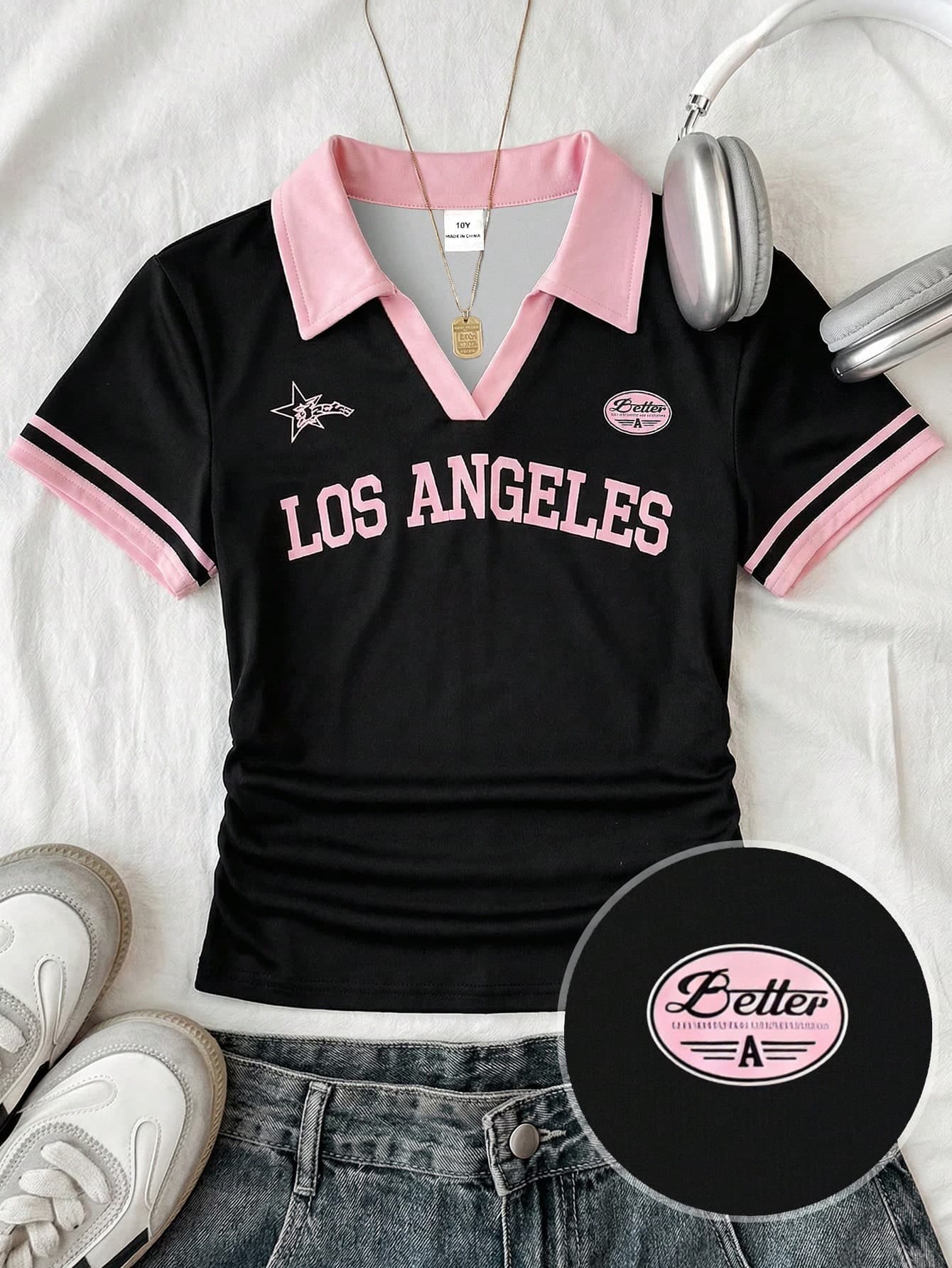 SHEIN Tween Girls'black Pink Summer Casual School Back-To-School Fitted Crop Top,Navy Blue & White Collar Knit Contrast Color Block Logo Embroidery T Shirt