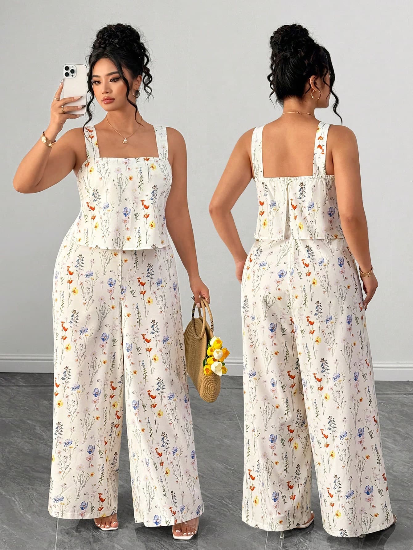 Elenzga Plus Size Women's White Summer Boho Bachelorette Party Picnic Holiday Floral Two-Piece Wide Leg Pants Set,Elegant Spaghetti Strap Garden Tea Party