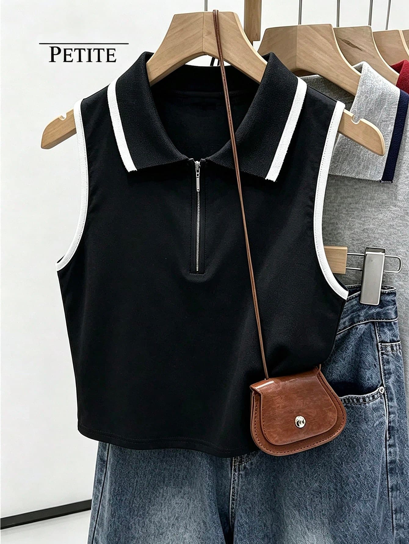 SHEIN PETITE CURVE Plus Size Contrast Trim Half Zip Casual Tank Top, Summer Daily Wear Back-To-School Graduation Black And White