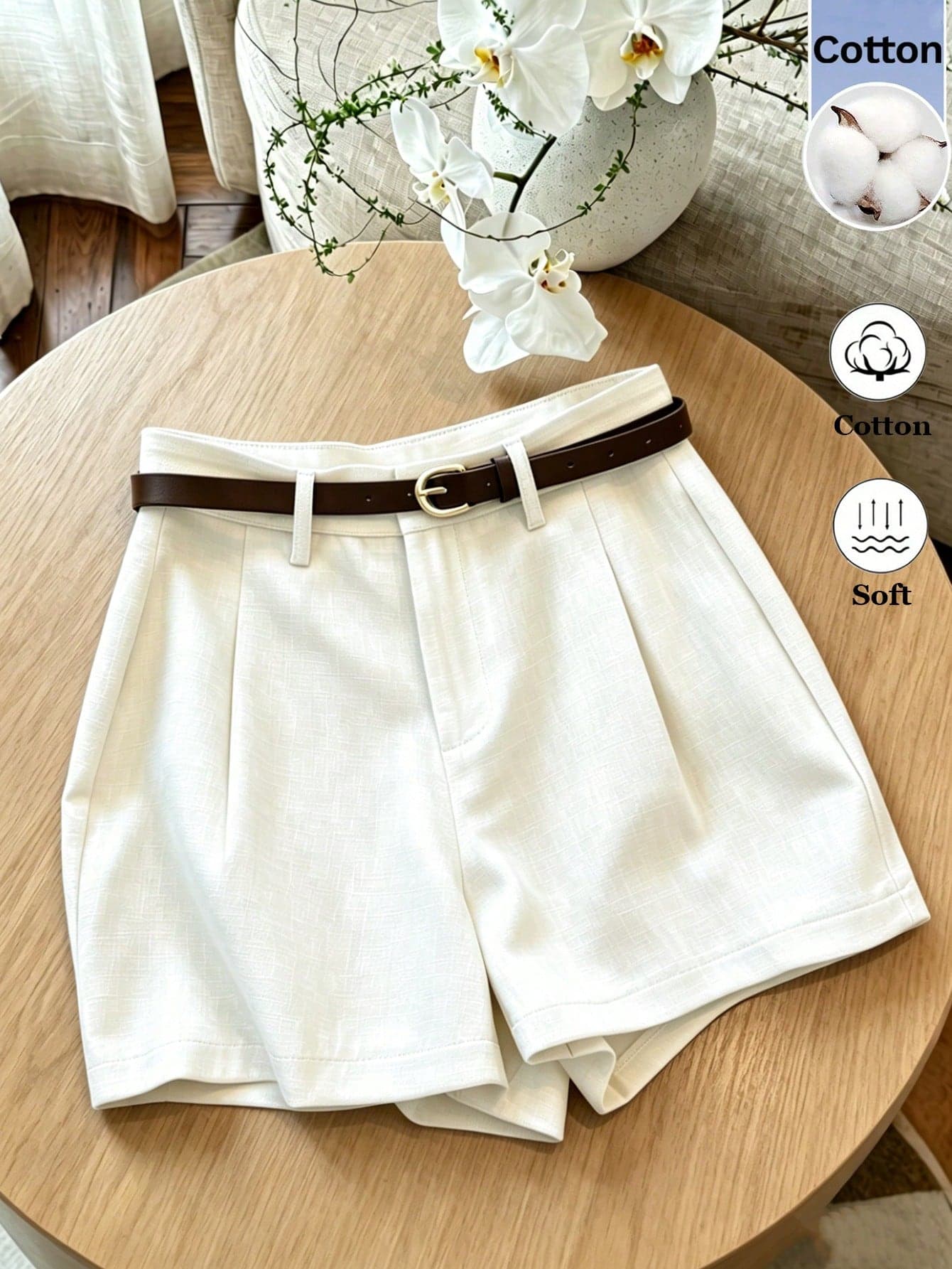 Franclia Women's Chic Off-White Summer Shorts With Belt,High-Waisted Cotton-Linen Wide-Leg Shorts,Old Money Style City Break Casual Loose Straight-Leg Pants