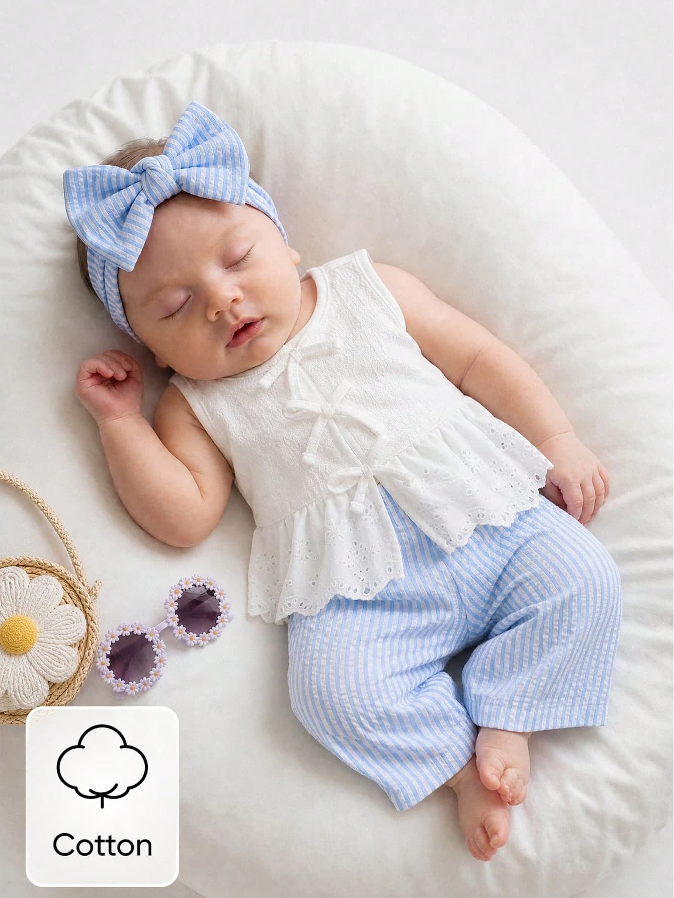 SHEIN Newborn Baby Girl Outfit Blue And White Stripe Summer Cute Baby Shower Sleeveless Top With Lace