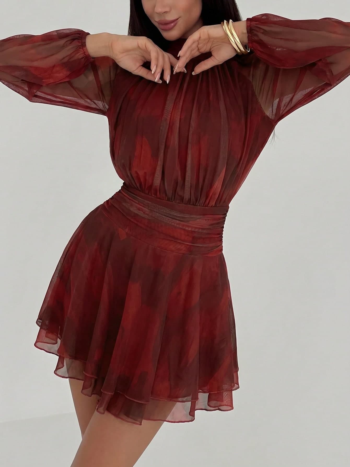 Aloruh Women's Autumn Elegant Burgundy Night Out Long Sleeve Fitted A-Line Umbrella Dress,Mesh Print Stand Collar Tie Waist Purple Tie Dye Outfit