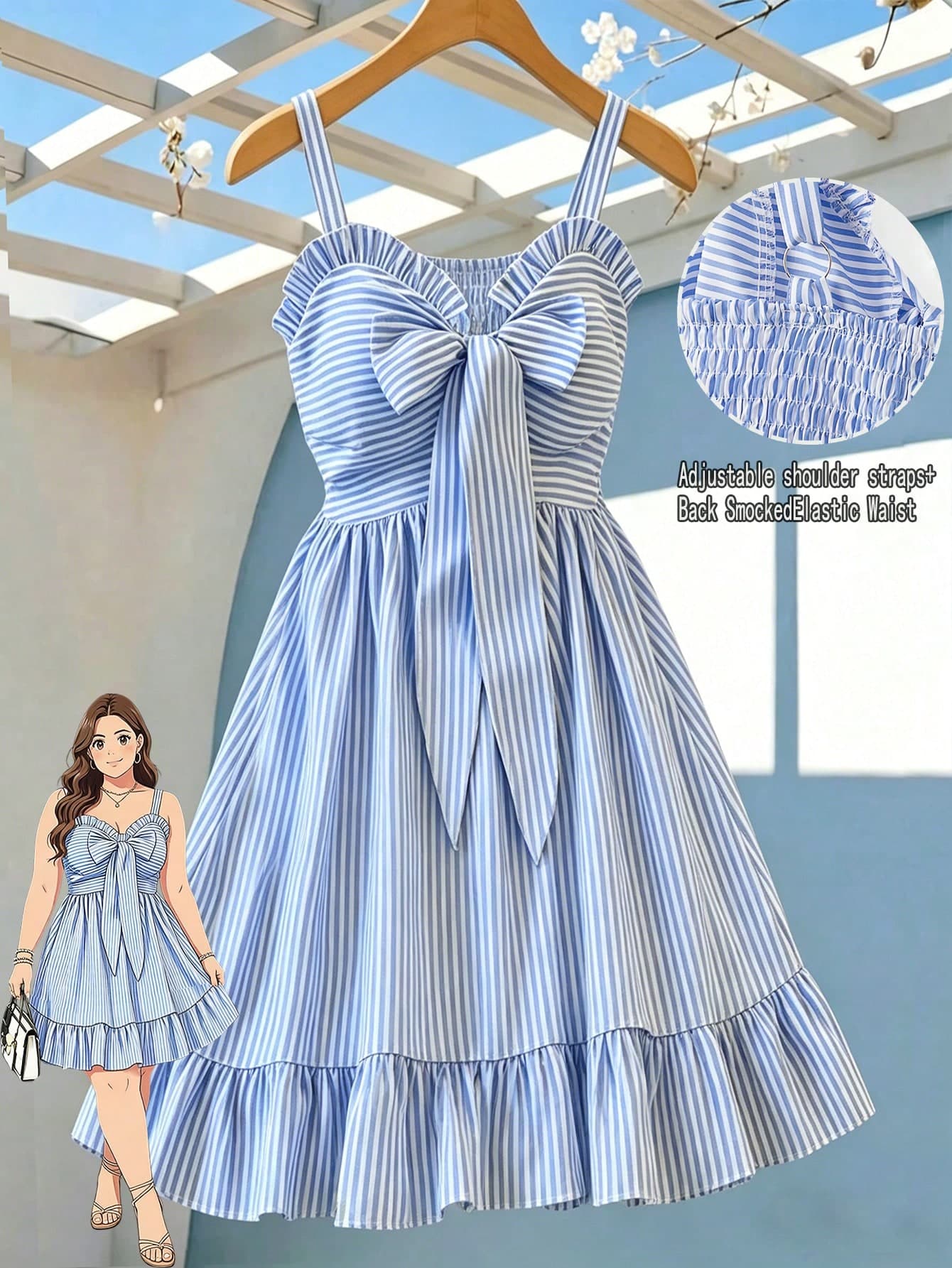 GlowEve CURVE Plus Size Women's Summer Holiday Blue & White Striped Sleeveless Ruffle Tie Bow Casual Elegant Commute Date Adjustable Strap A-Line Short Dress