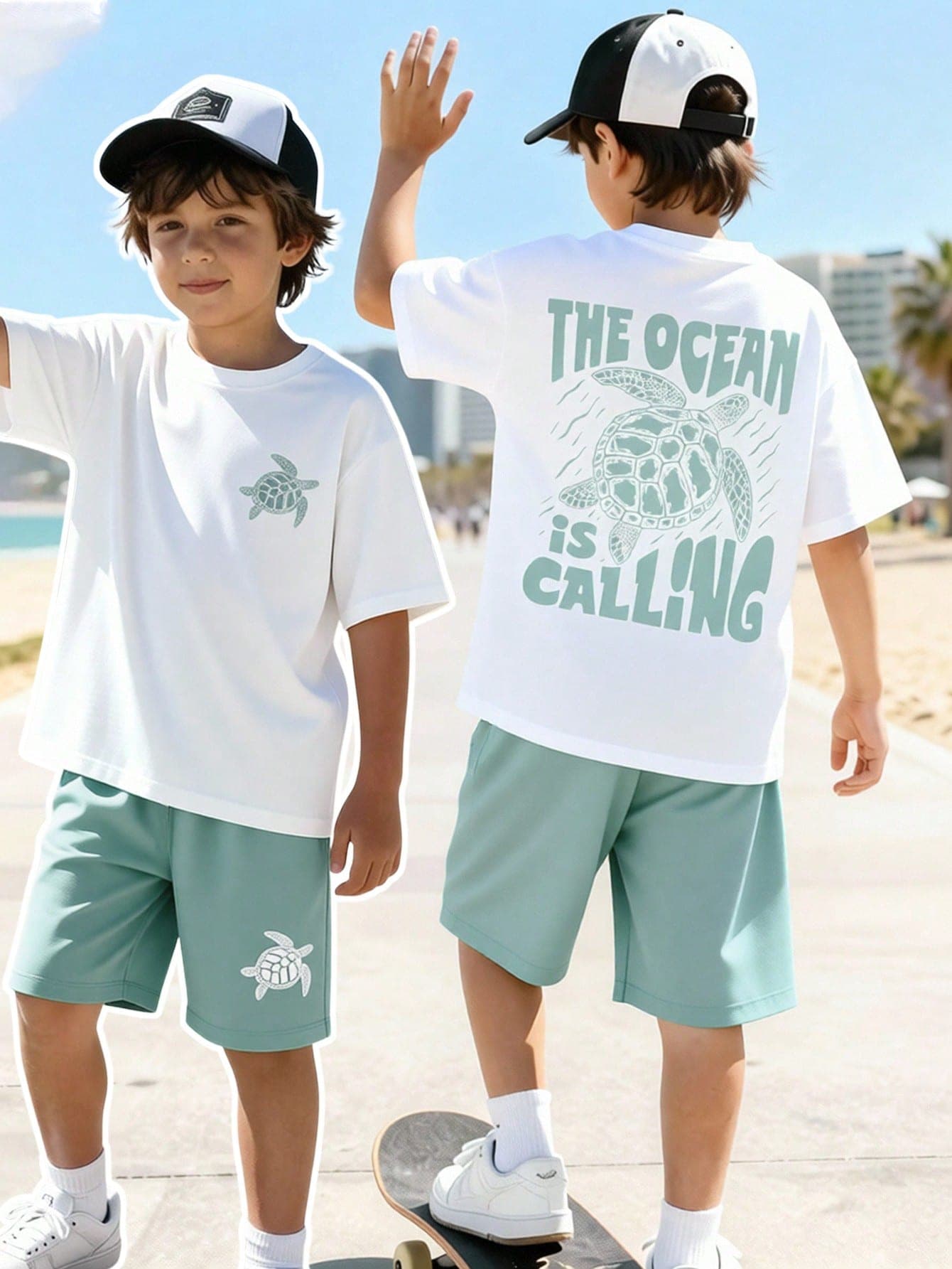 SHEIN Vacaura 2pcs/Set Tween Boys' White Summer Casual Graphic Beach Holiday Outfit,Turtle Print Short Sleeve T-Shirt And Matching Shorts,Street Style For Vacation