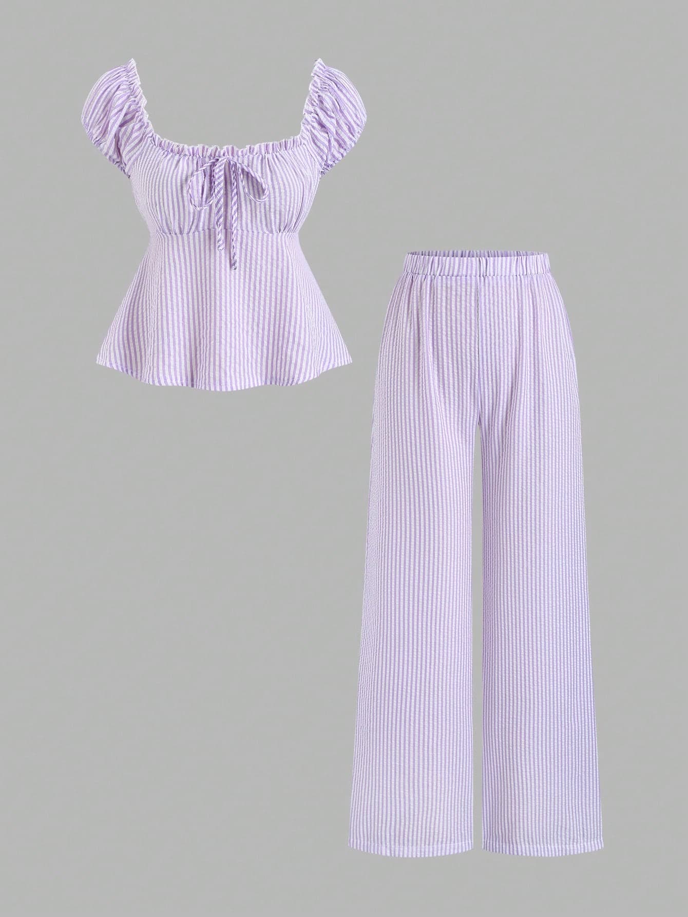 Sweetra Spring/Summer Fashion Outfit, French Sweet Puff Sleeve Striped Blouse & Loose Straight Leg Pants, Women 2 Pieces Set