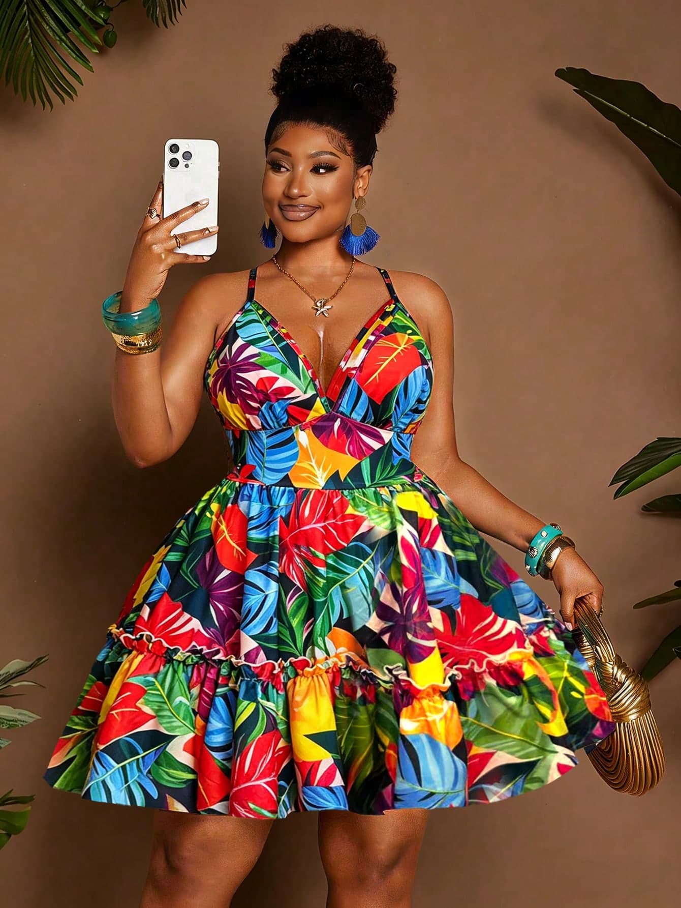 Maweii Plus Size Women's Tropical Floral Print Shirred Backless Elastic Waist Ruffled Hem Maxi Dress, Suitable For Party, Beach, Vacation